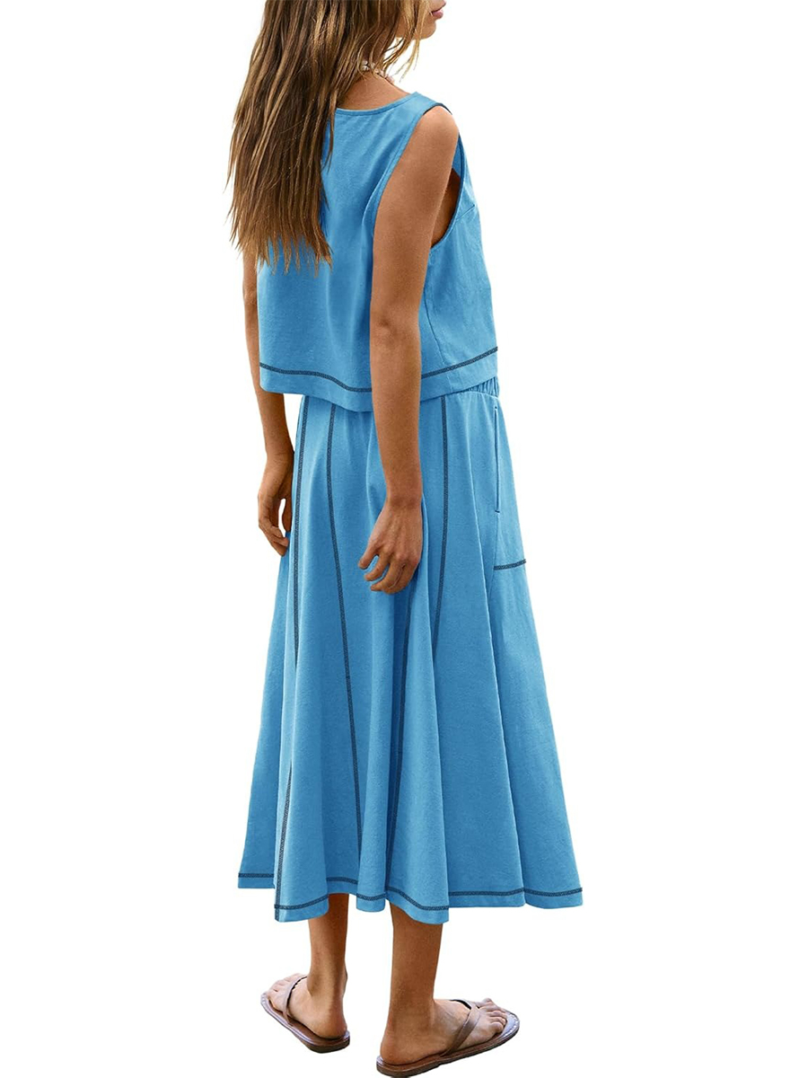 Women's Casual Seam Tank Top and Drawsting Pockets Skirt 2 Piece Set