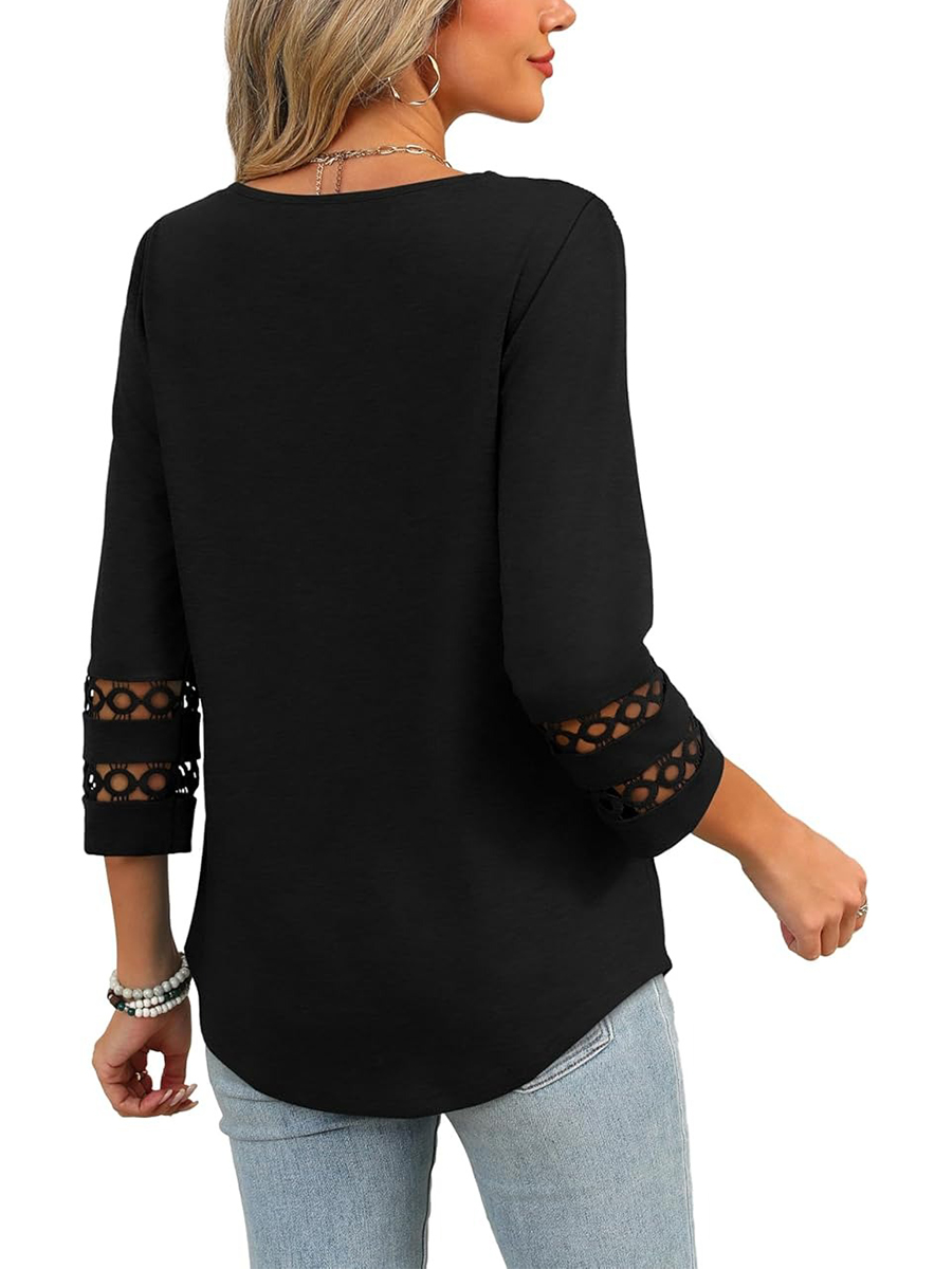Women's Dressy Casual V Neck Hollow 3/4 Length Sleeve Tops
