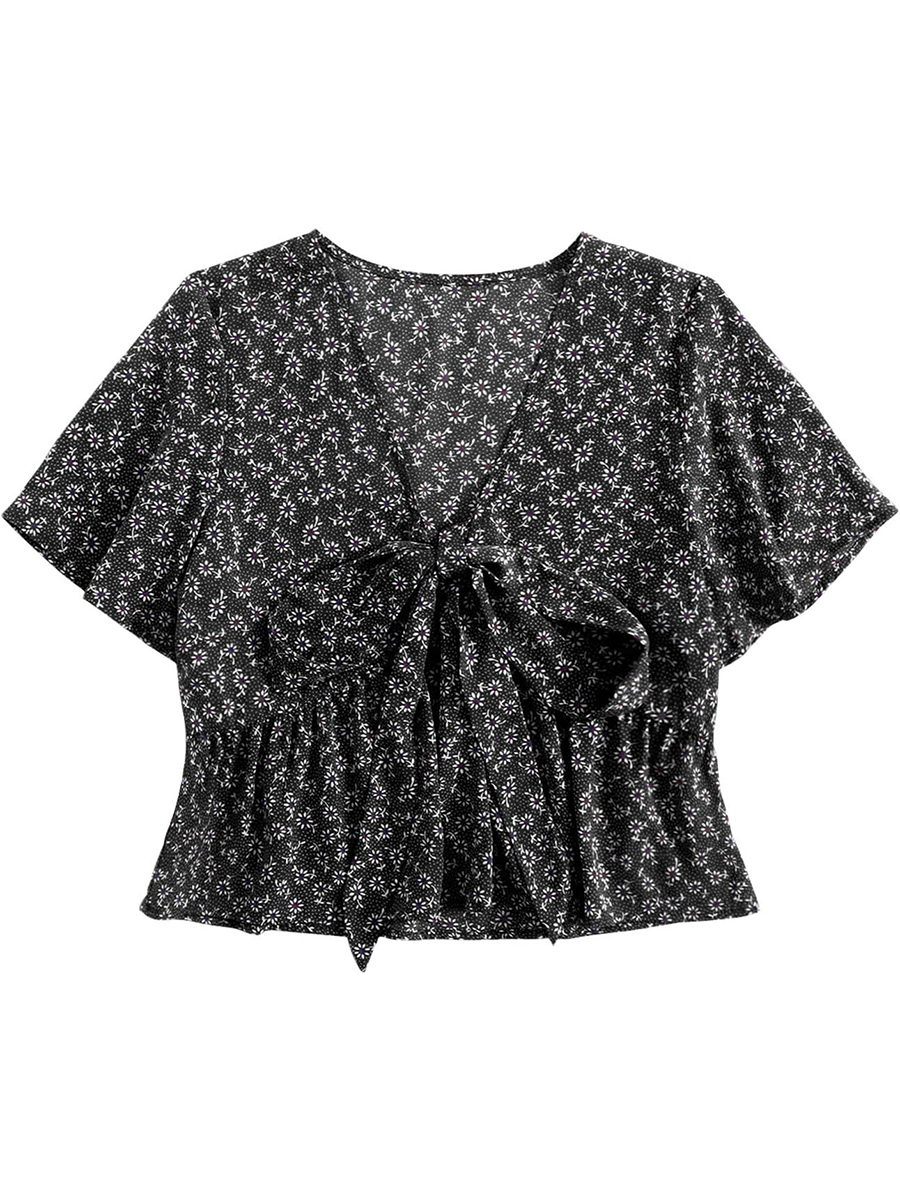 Women's Floral Print V Neck Tie Knot Ruffle Hem Short Sleeve Top