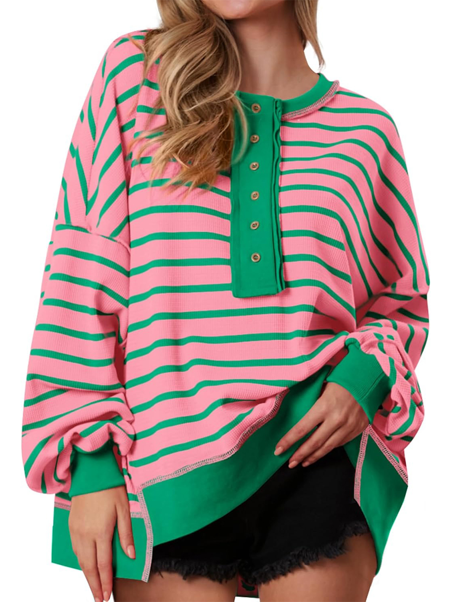 Women's Striped Oversized Sweatshirt Button Up Henley Neck Waffle Knit Pullover