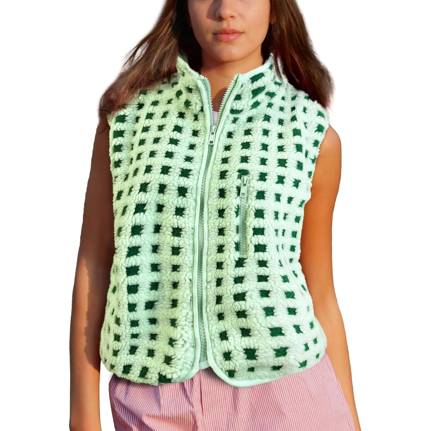 Women's Trendy Plaid High Neck Sherpa Zipper Vest Fleece Jacket