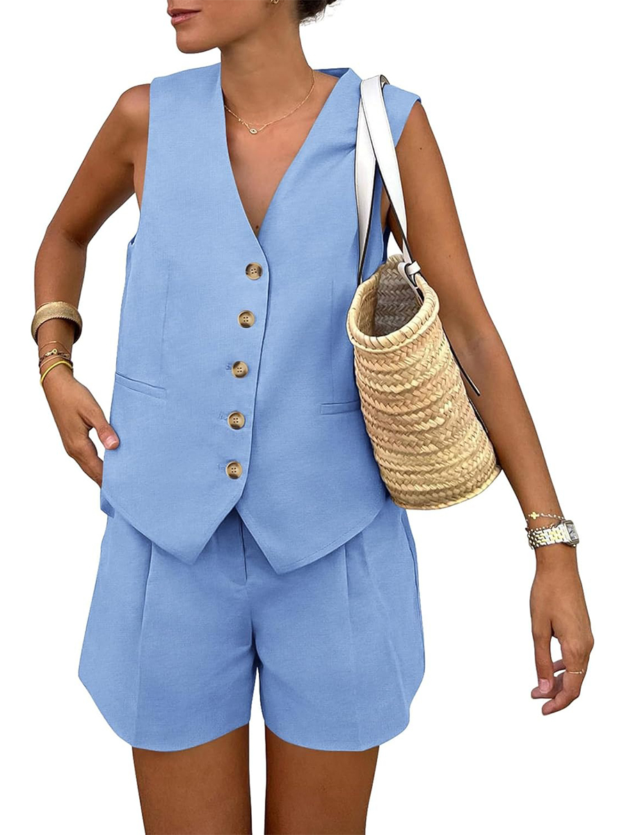 Women's Sleeveless Matching Sets Button Down V Neck Vest Waistcoat and Pockets Shorts