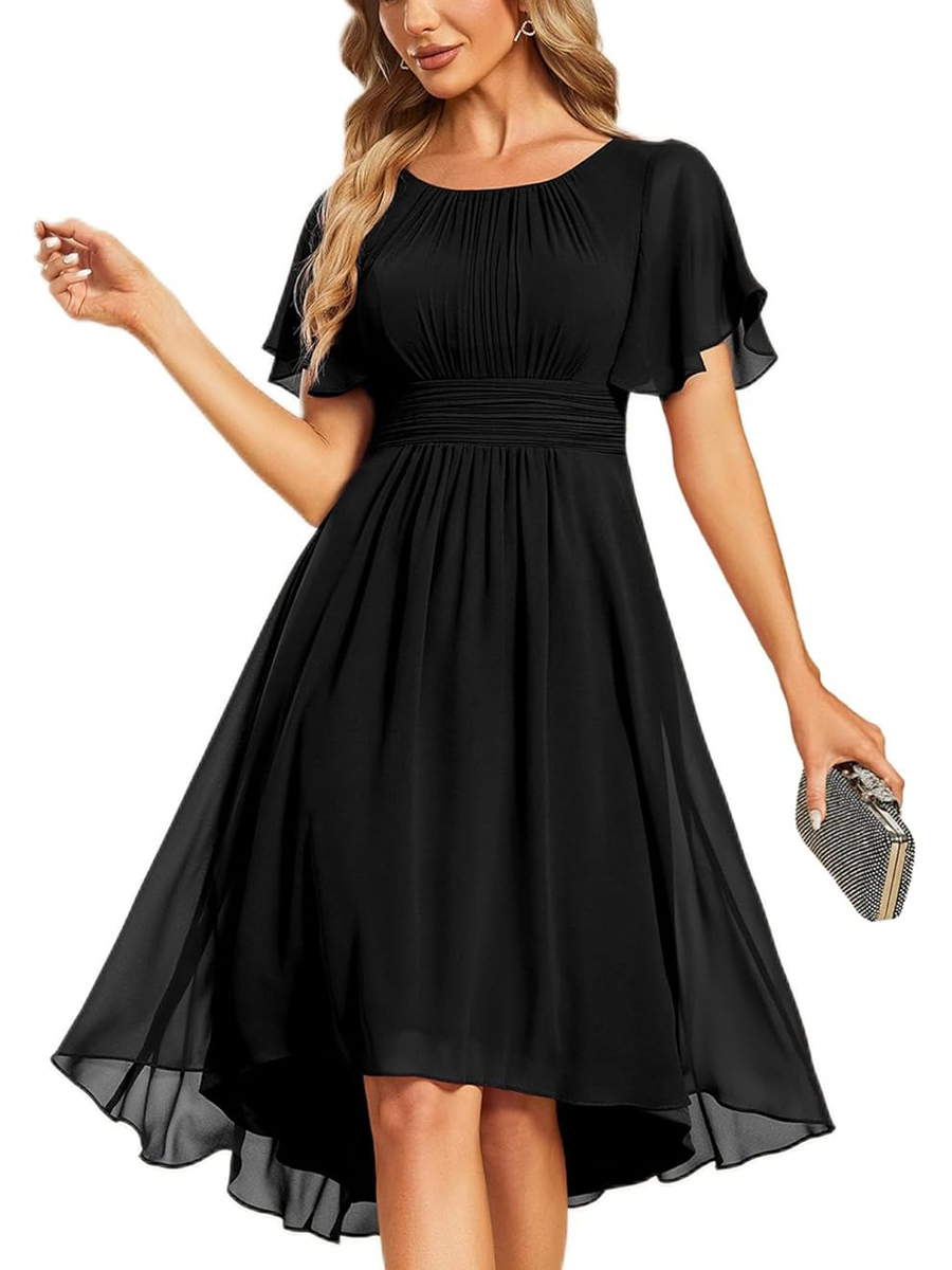 Women's Crew Neck Pleated Ruffle Short Sleeve Dress