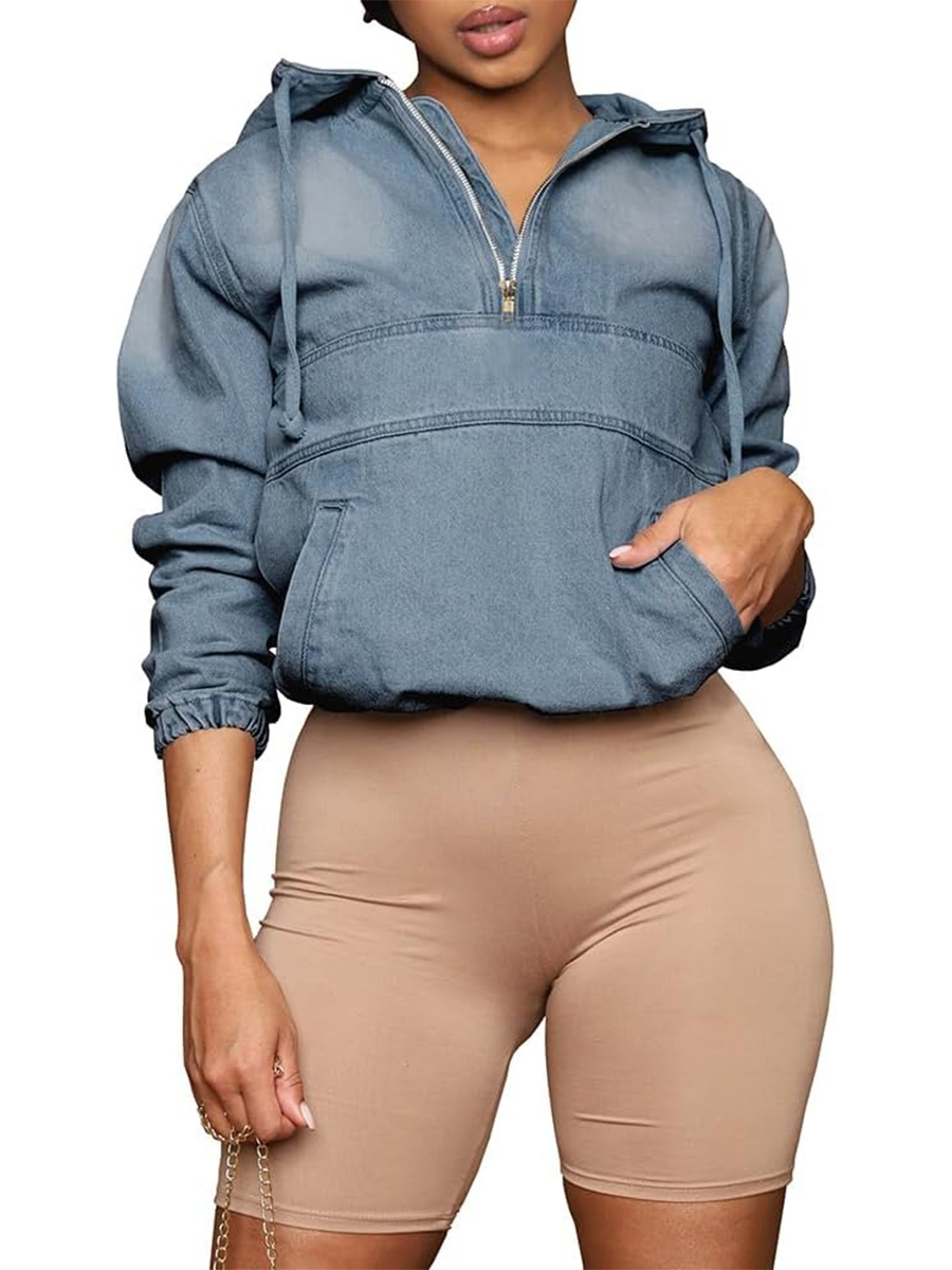 Women's Half Zip Denim Hoodie Pullover Jean Tops