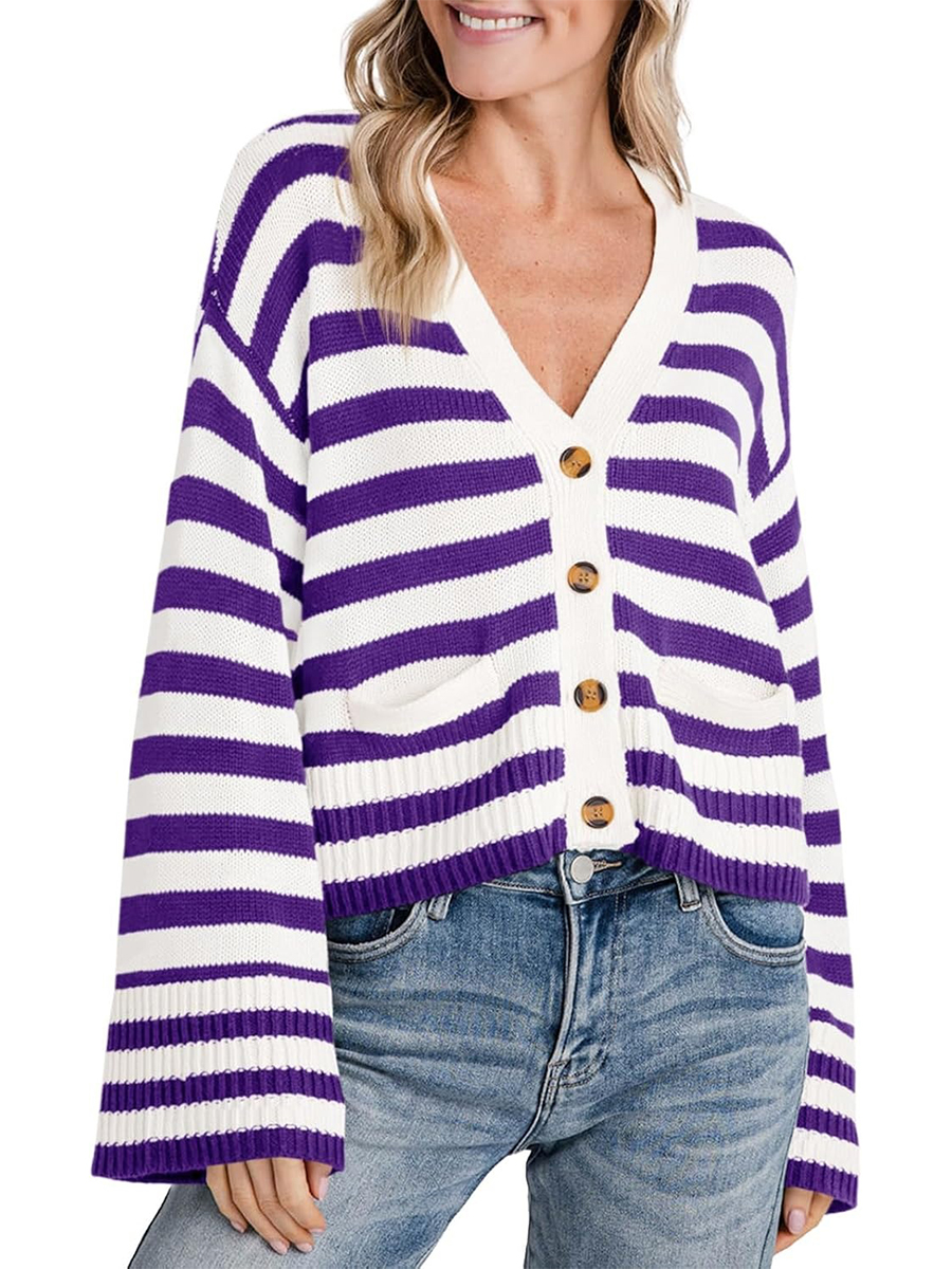 Women's Striped Cropped Button Open Front Long Sleeve Knit Cardigan Sweater