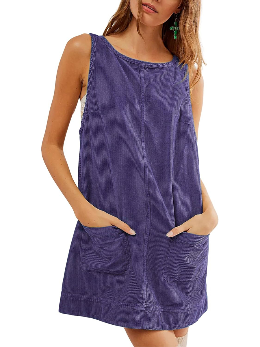Women's Corduroy Round Neck A Line Overall Dress with Pockets