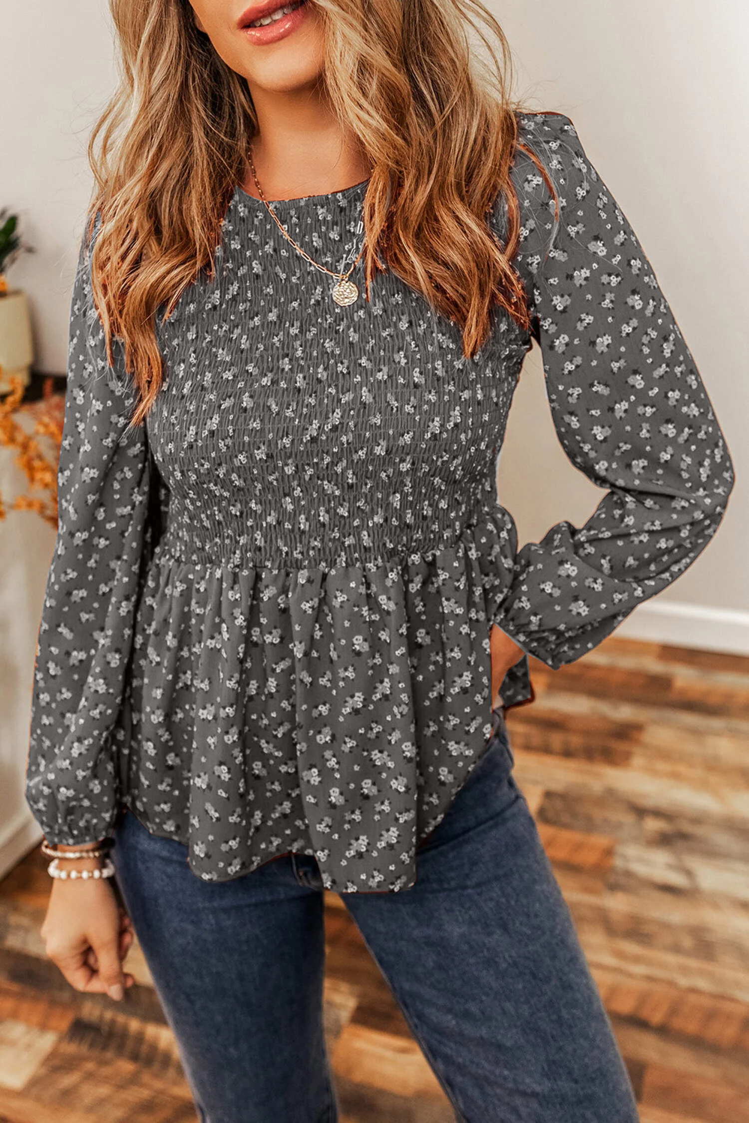 Ditsy Floral Print Boho Smocked Ruffled Peplum Blouse(Buy 2 Free Shipping)