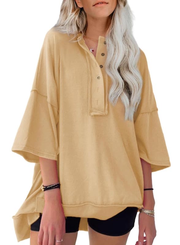 NEW🔥 Women's  Oversized T Shirts Casual Short Sleeve Henley Neck Tees(BUY 2 FREE SHIPPING)