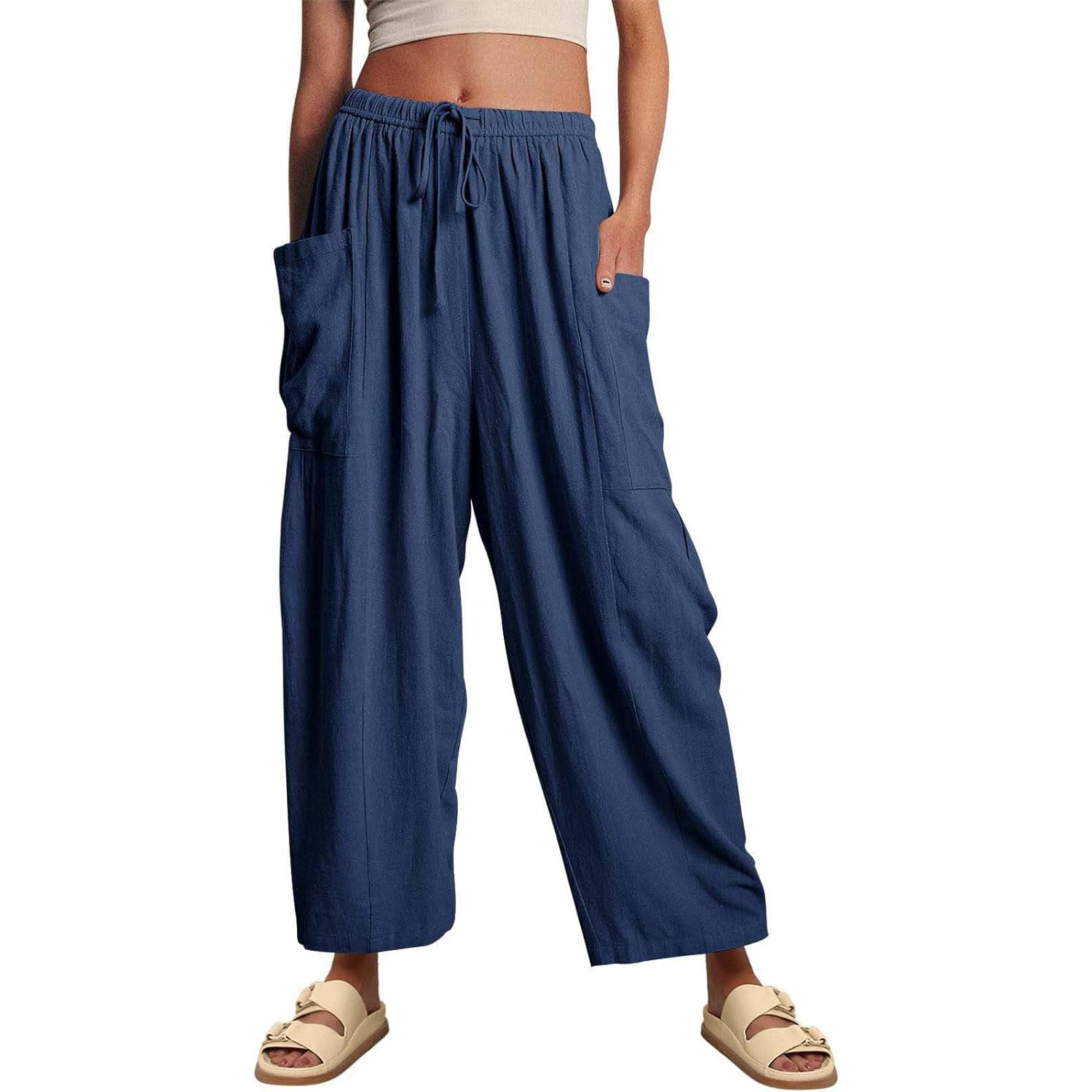 Womens Linen Drawstring Palazzo Harem Pants with Pockets (BUY 2 FREE SHIPPING)