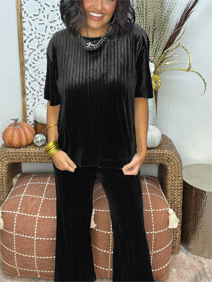Velvet Pleat Detail Top And Pant Set (Buy 2 Free Shipping)