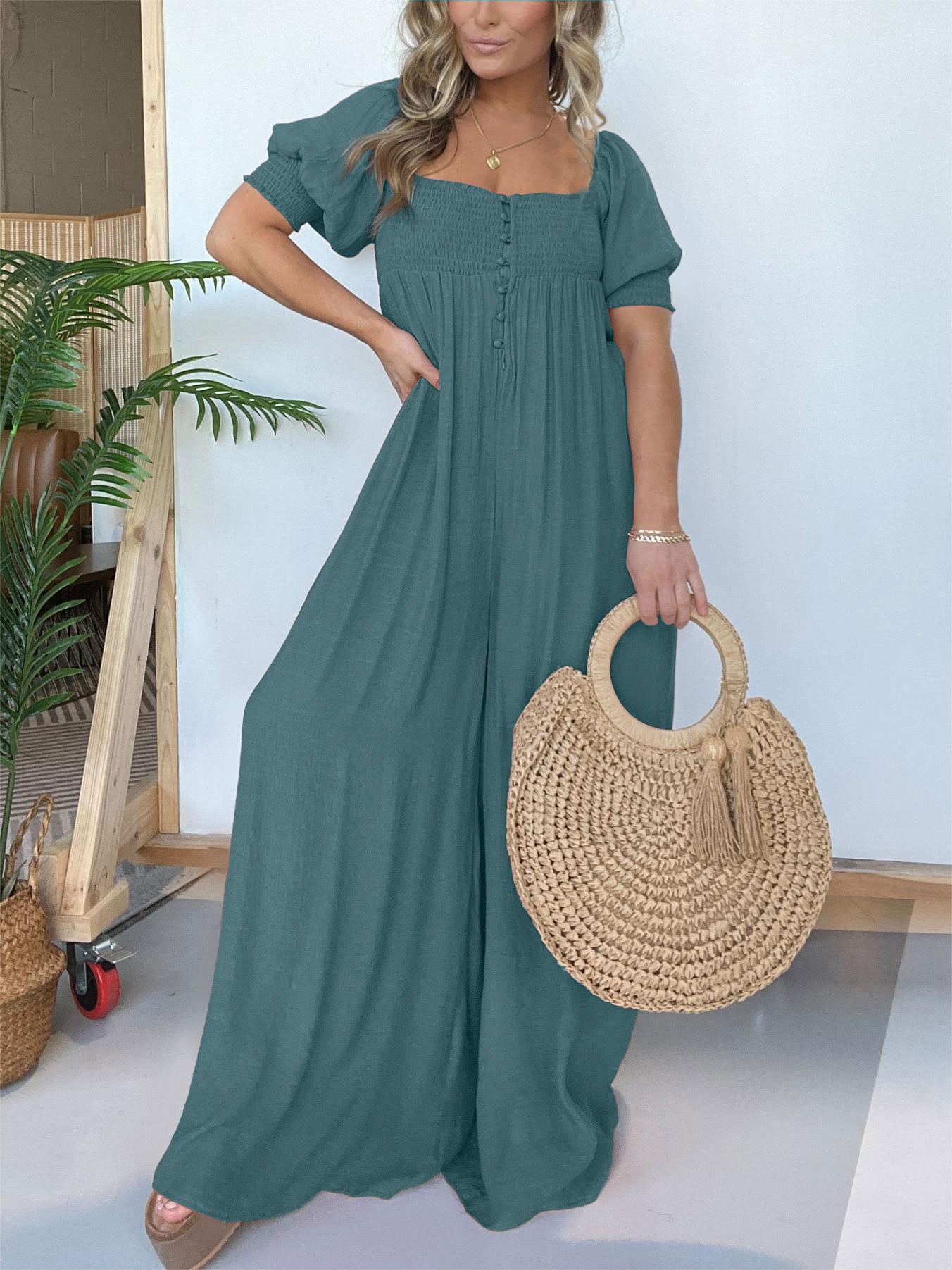 Square Neckline Jumpsuit with Smocked Bodice Button (Buy 2 Free Shipping)
