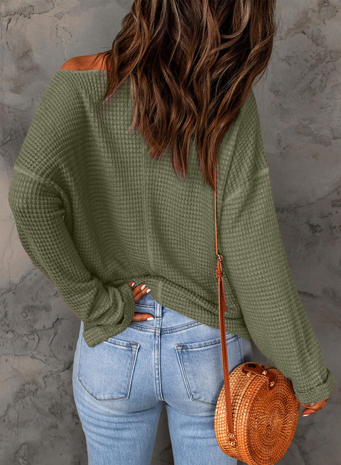 Casual Notched Neck Drop Shoulder Waffle Knit Top