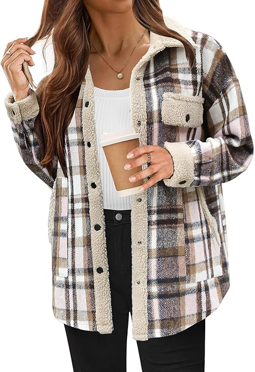 ⏰Hot Sale-Women's Fleece Flannel Button Down Plaid Shacket Jacket(BUY 2 FREE SHIPPING)