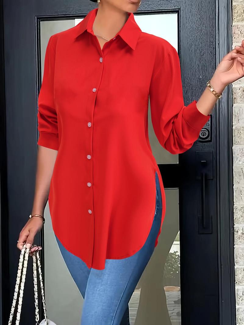 Women's Plain Button Front Split Side Shirt