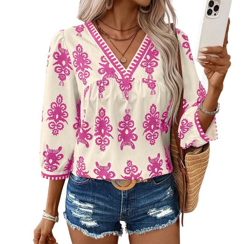 HOT SALE Women's Vintage Geometric Printed 3/4 Sleeve V Neck Blouse