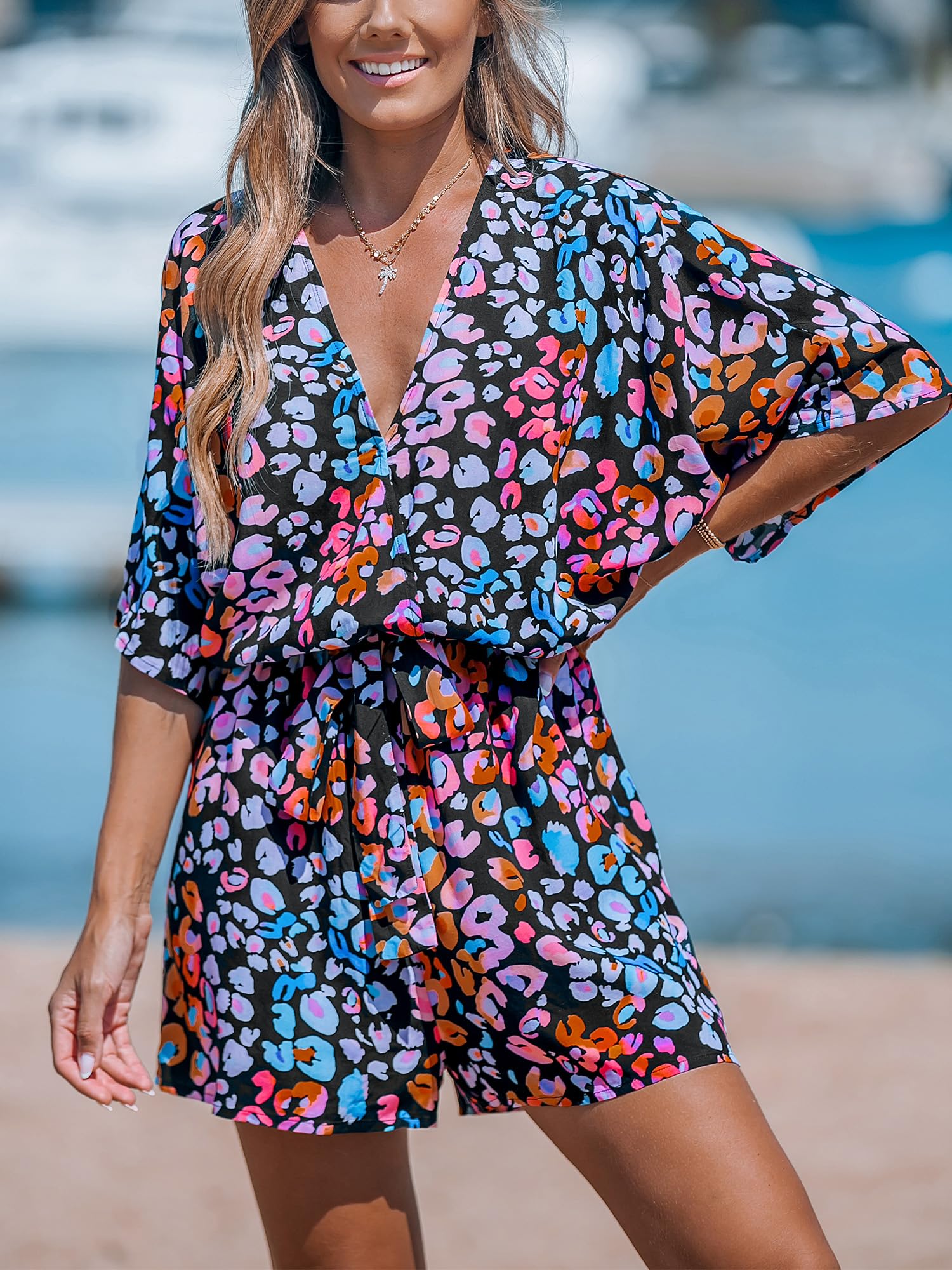 Women's Lace Up Print Romper Short Sleeves Jumpsuits Wide leg Outfit (buy 2 free shipping!!!)