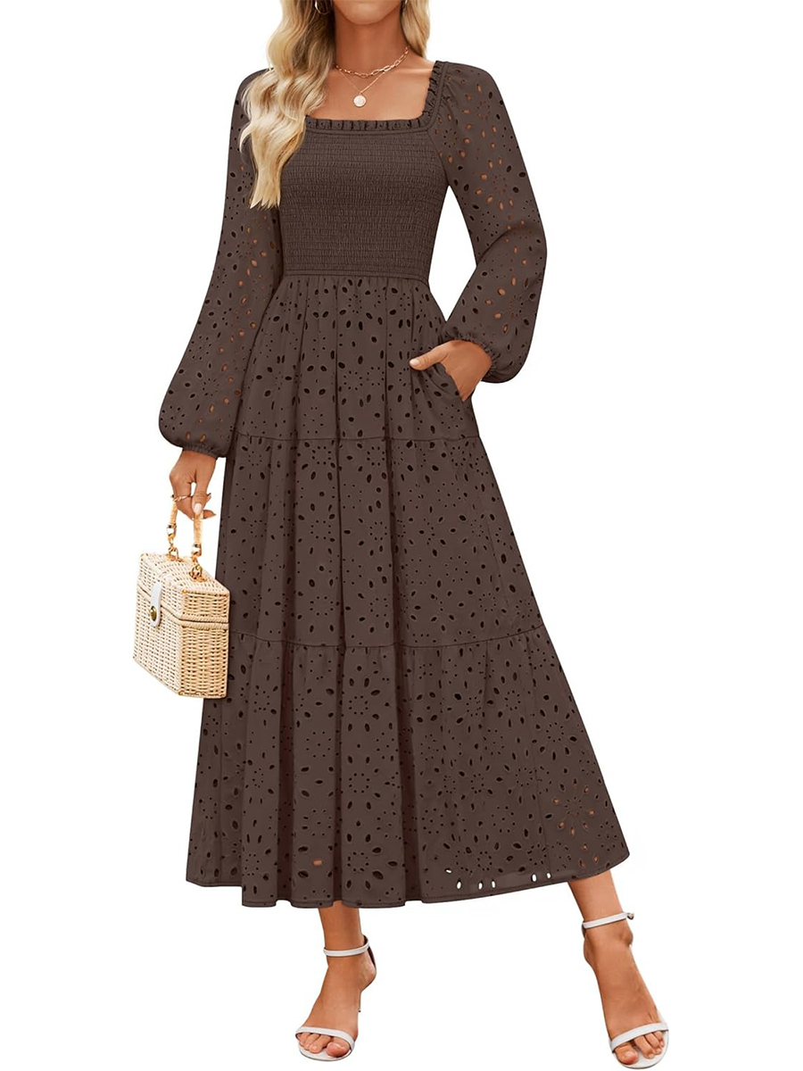 Women's Square Neck Hollow Out Eyelet Smocked A Line Long Sleeve Dress