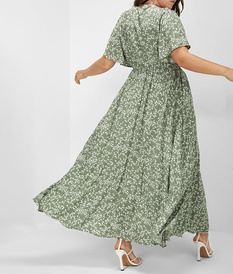 Flutter Sleeve Ditsy Floral Split Maxi Dress