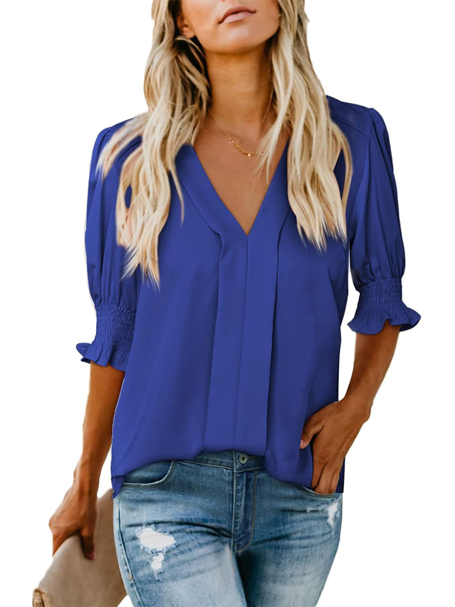 Women's Dressy Casual V Neck  Puff Ruffle Short Sleeve Shirt Tops