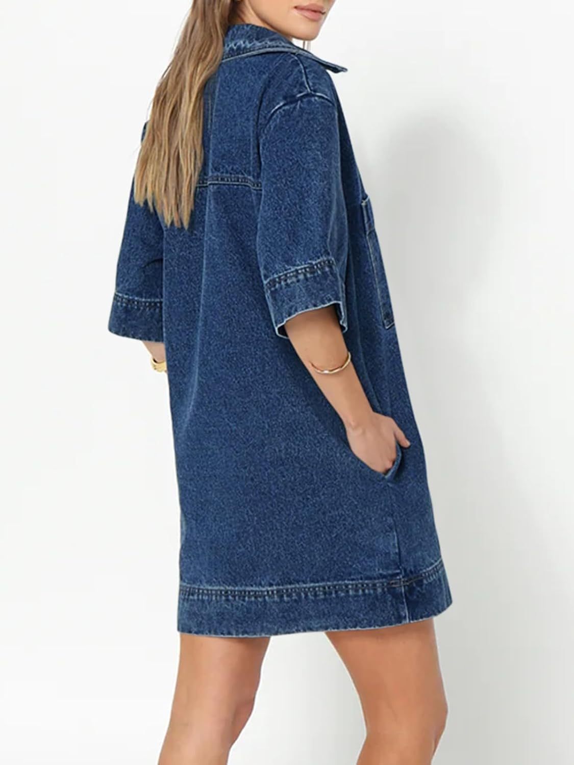 HOT SALE Deep V Neck Half Sleeve Straight Denim Dress with Pockets