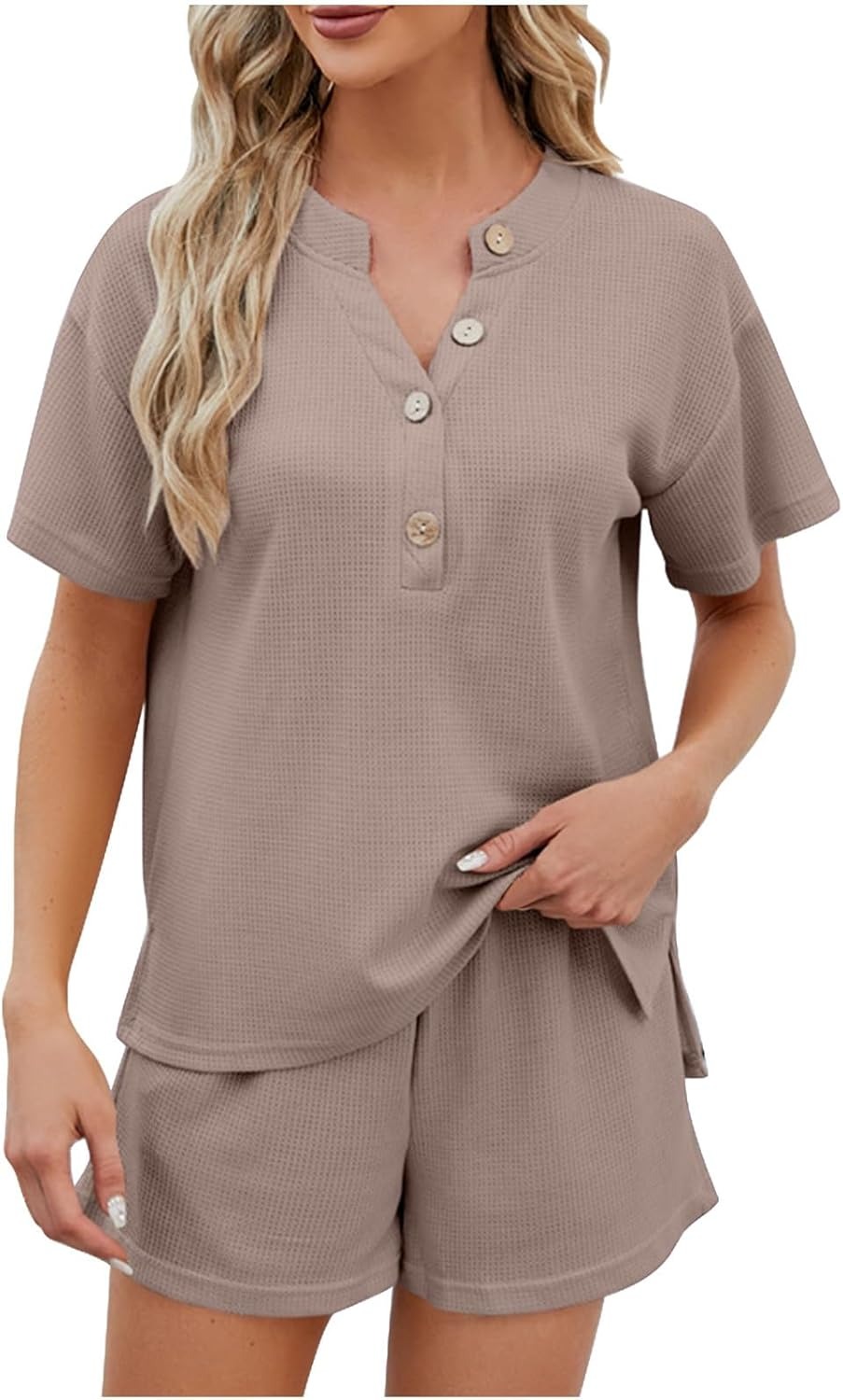 Women's Waffle Short Sleeve Button Top with Shorts Lounge Sets(Buy 2 Free Shipping)