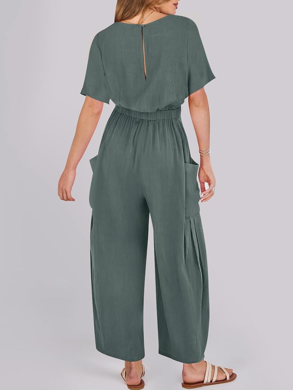 Short Sleeve Wide Leg Pants Linen Romper With Pockets