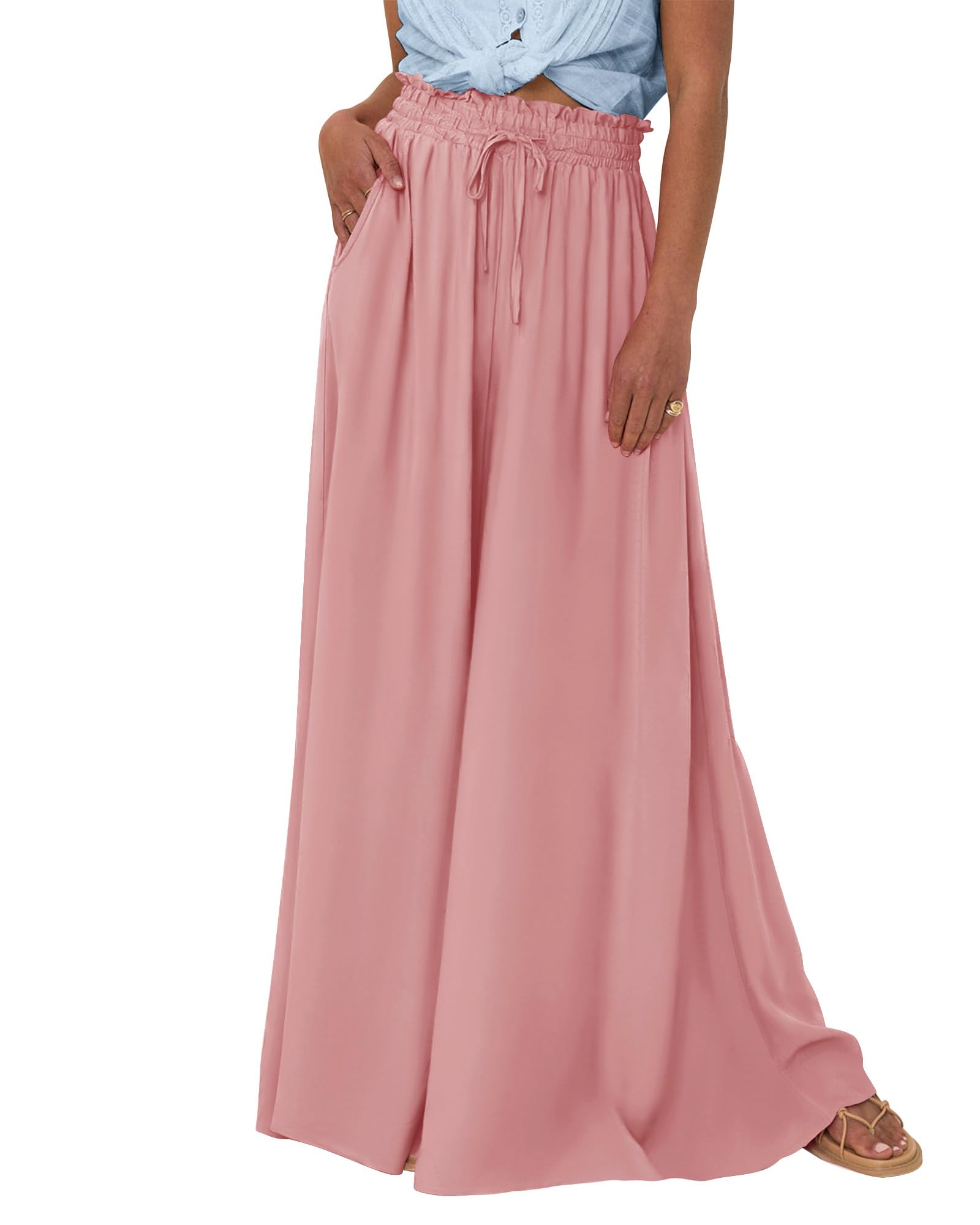 Women Casual Floral Solid High Waist Wide Leg  Pants 
