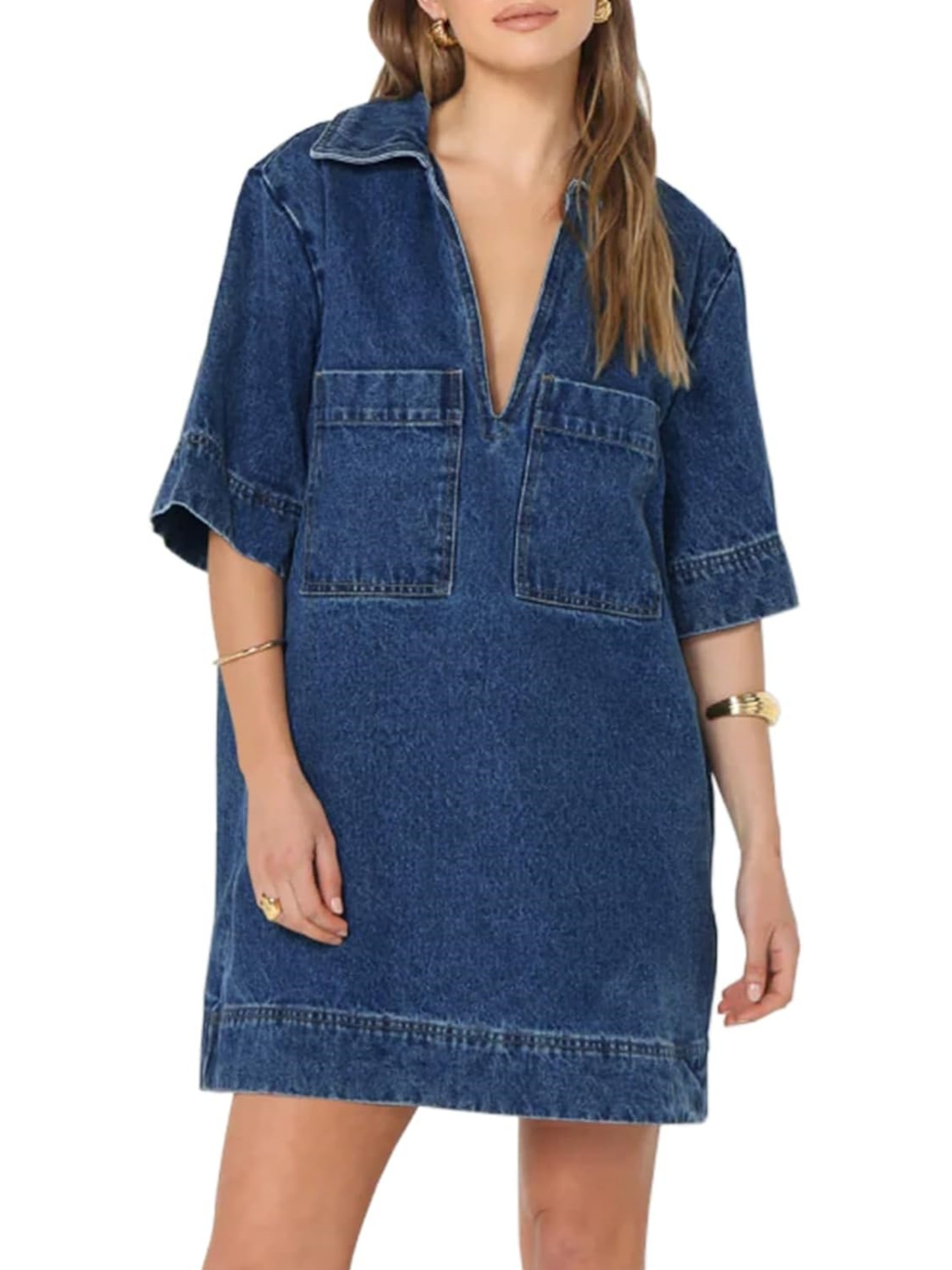 HOT SALE Deep V Neck Half Sleeve Straight Denim Dress with Pockets