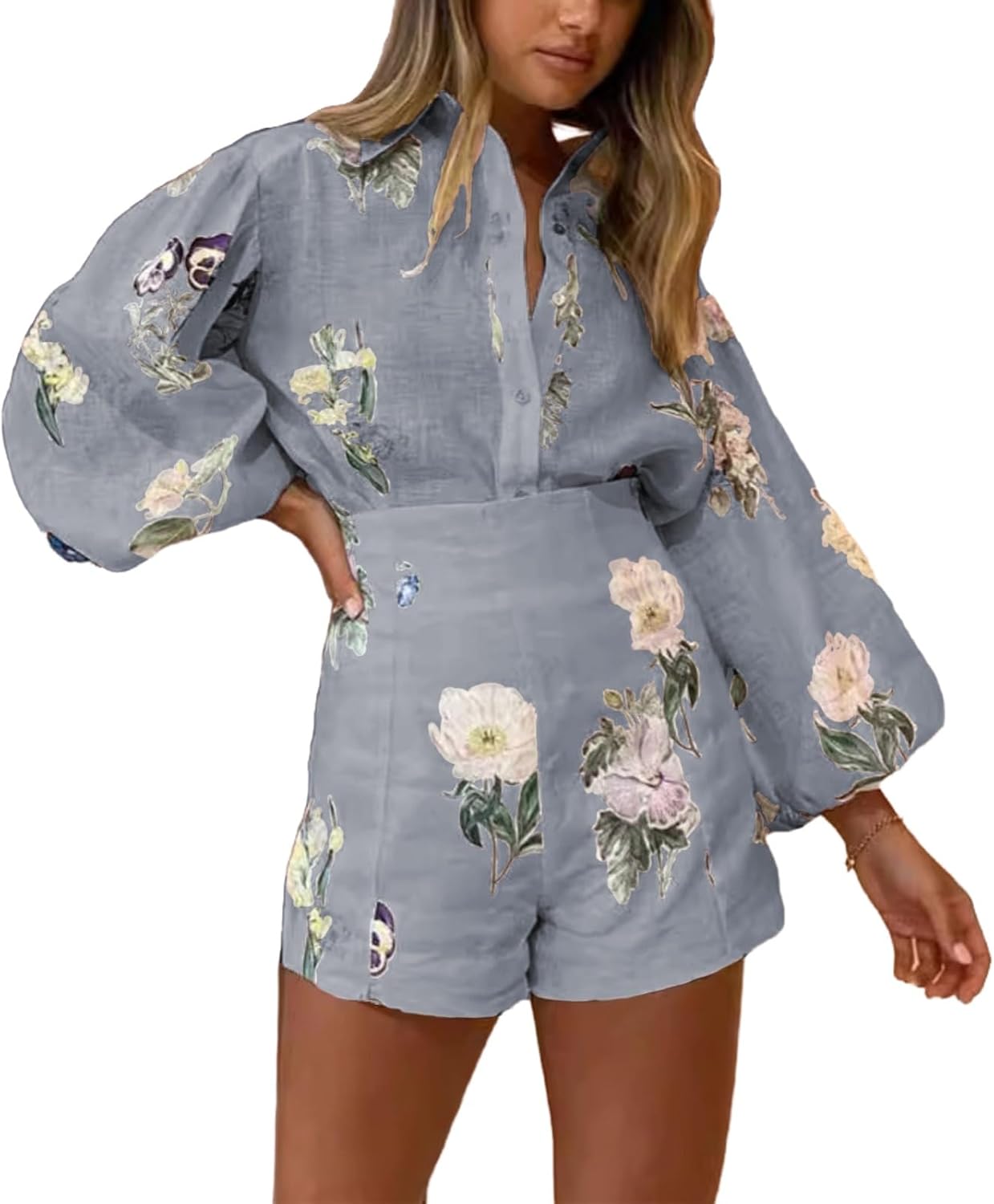 Womens Hawaiian Long Sleeve Button Down Shirt and Shorts Tracksuit Lounge Set