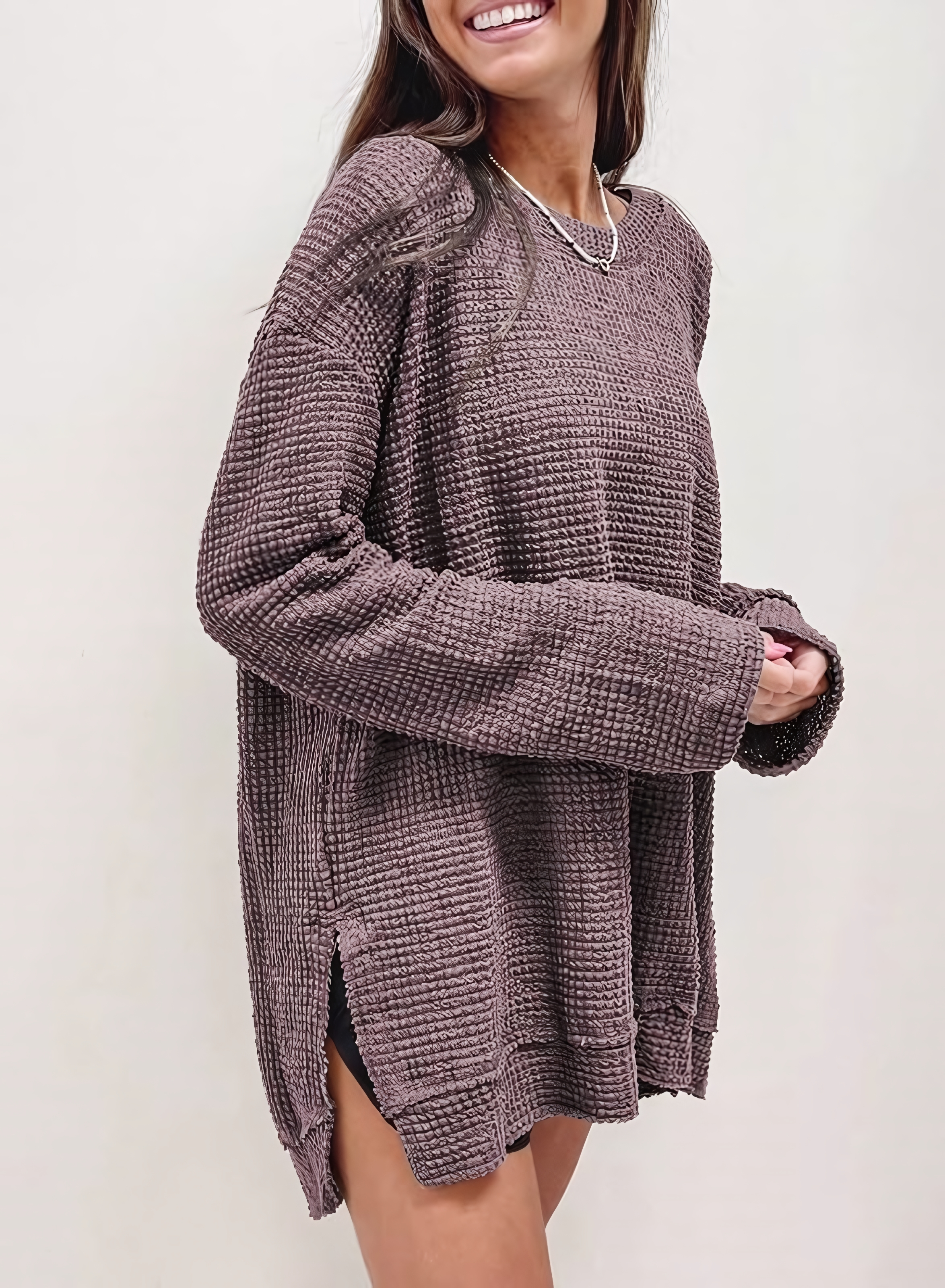 Women's Fall Long Sleeve Waffle Knit Hi-low Hem Tops