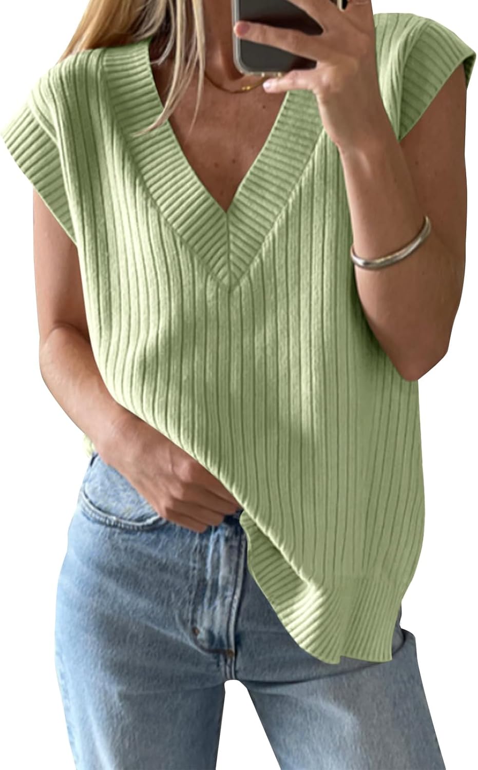 Womens V Neck Sweater Vest Oversized Ribbed Knit Sleeveless