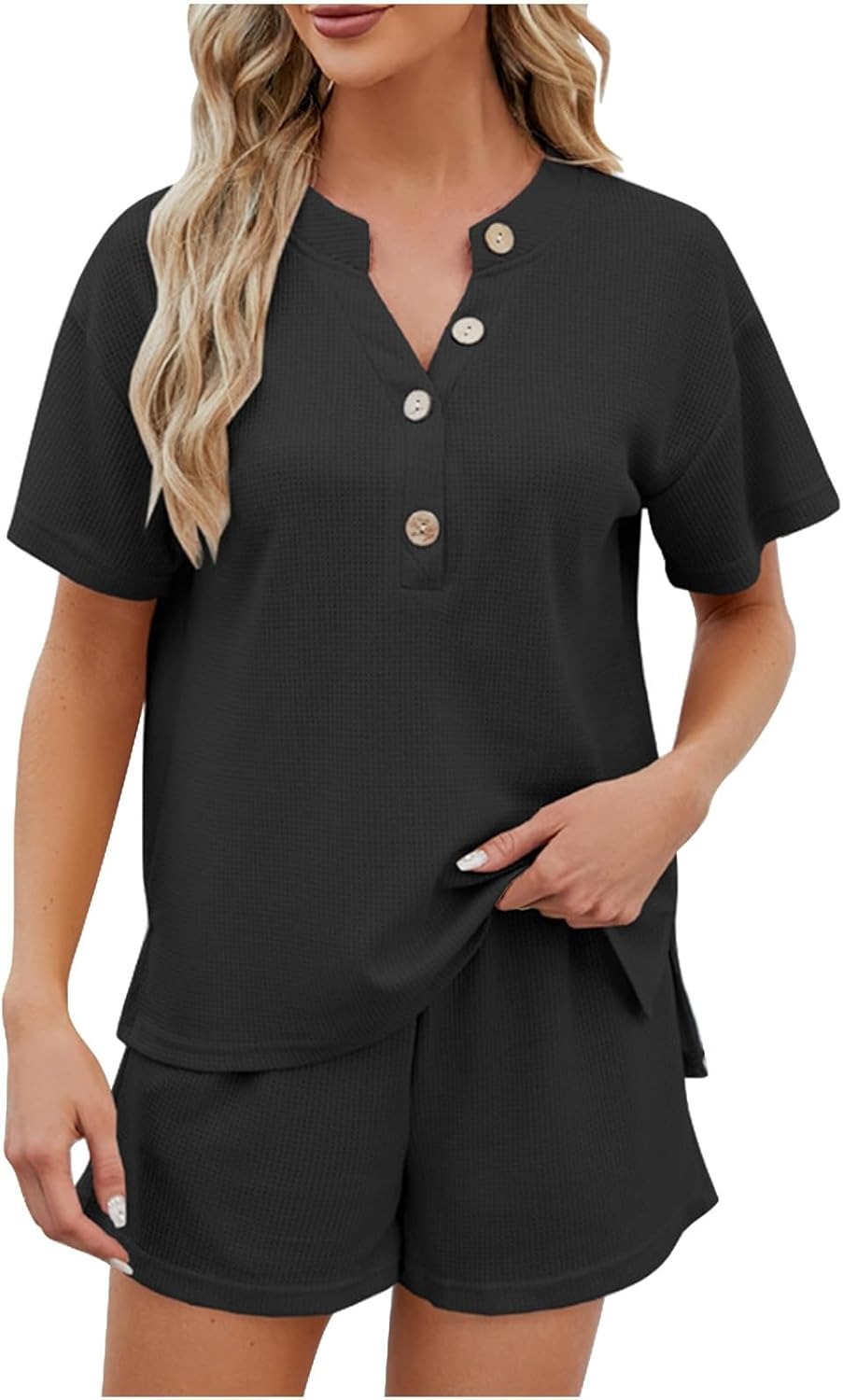 Women's Waffle Short Sleeve Button Top with Shorts Lounge Sets(Buy 2 Free Shipping)