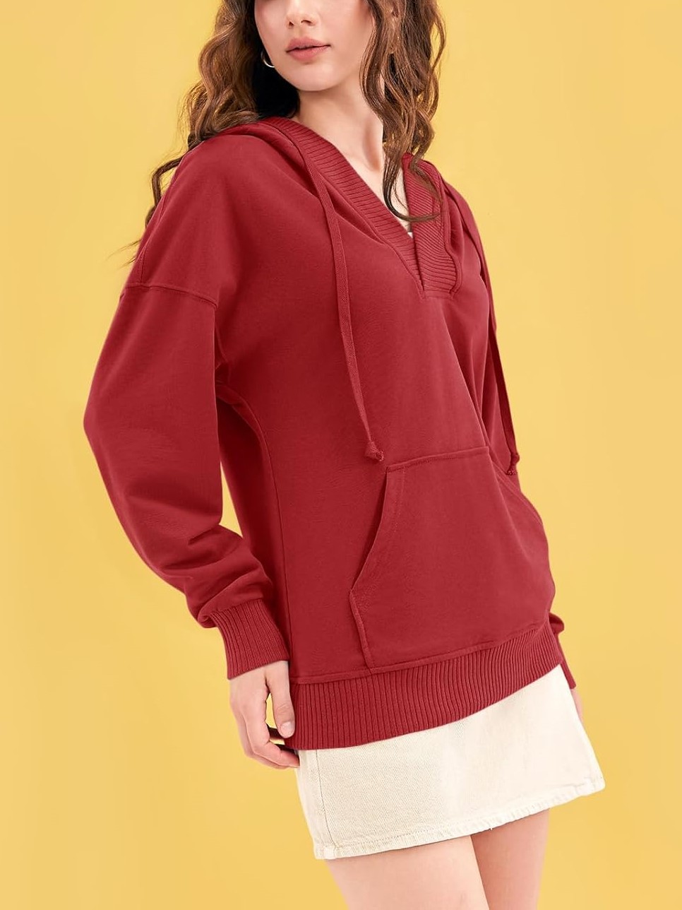 Women‘’s Casual Oversized V Neck Drawsting Hooded Sweatshirts