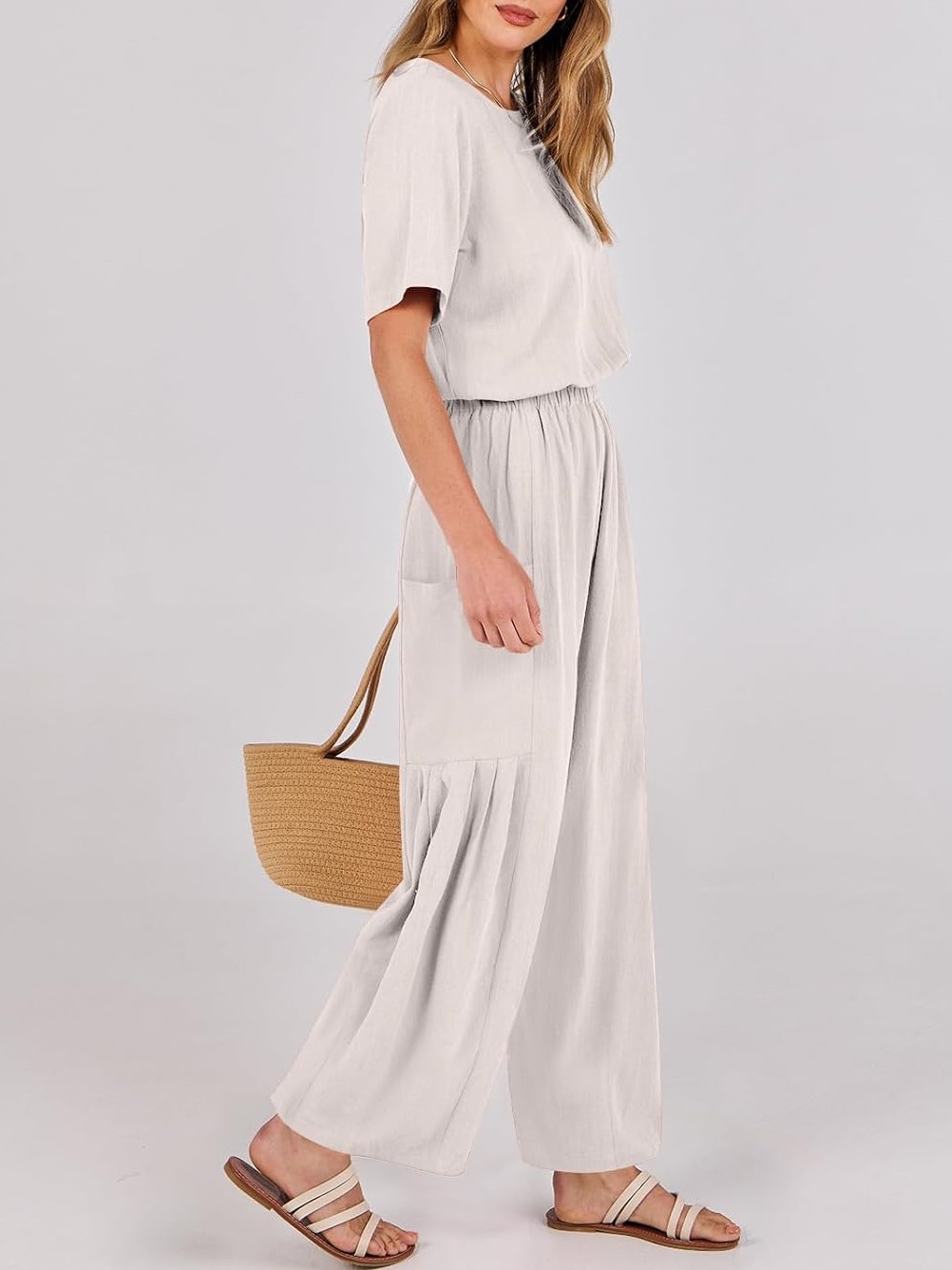 Short Sleeve Wide Leg Pants Linen Romper With Pockets