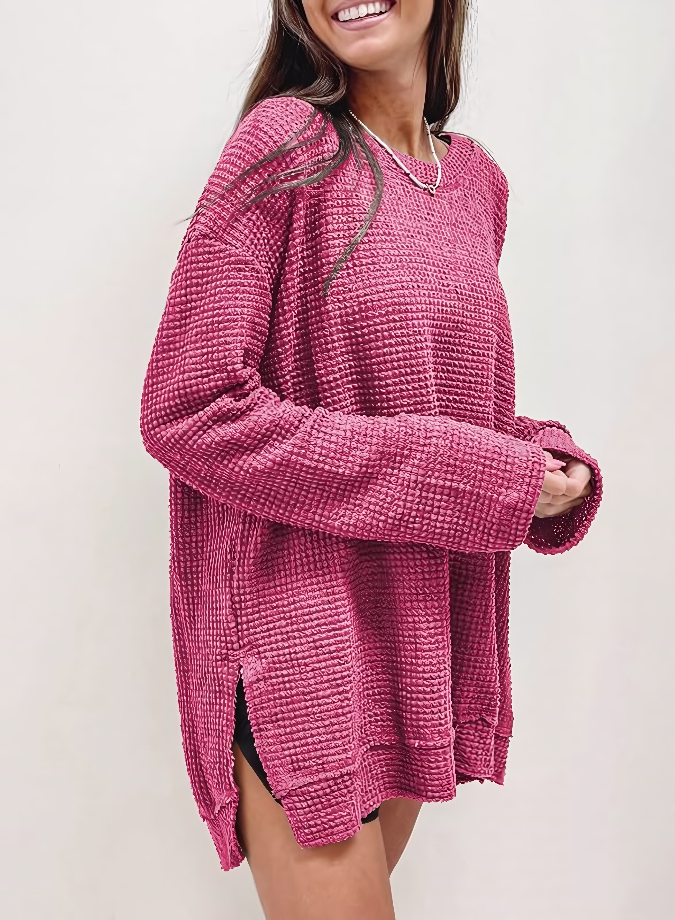 Women's Fall Long Sleeve Waffle Knit Hi-low Hem Tops