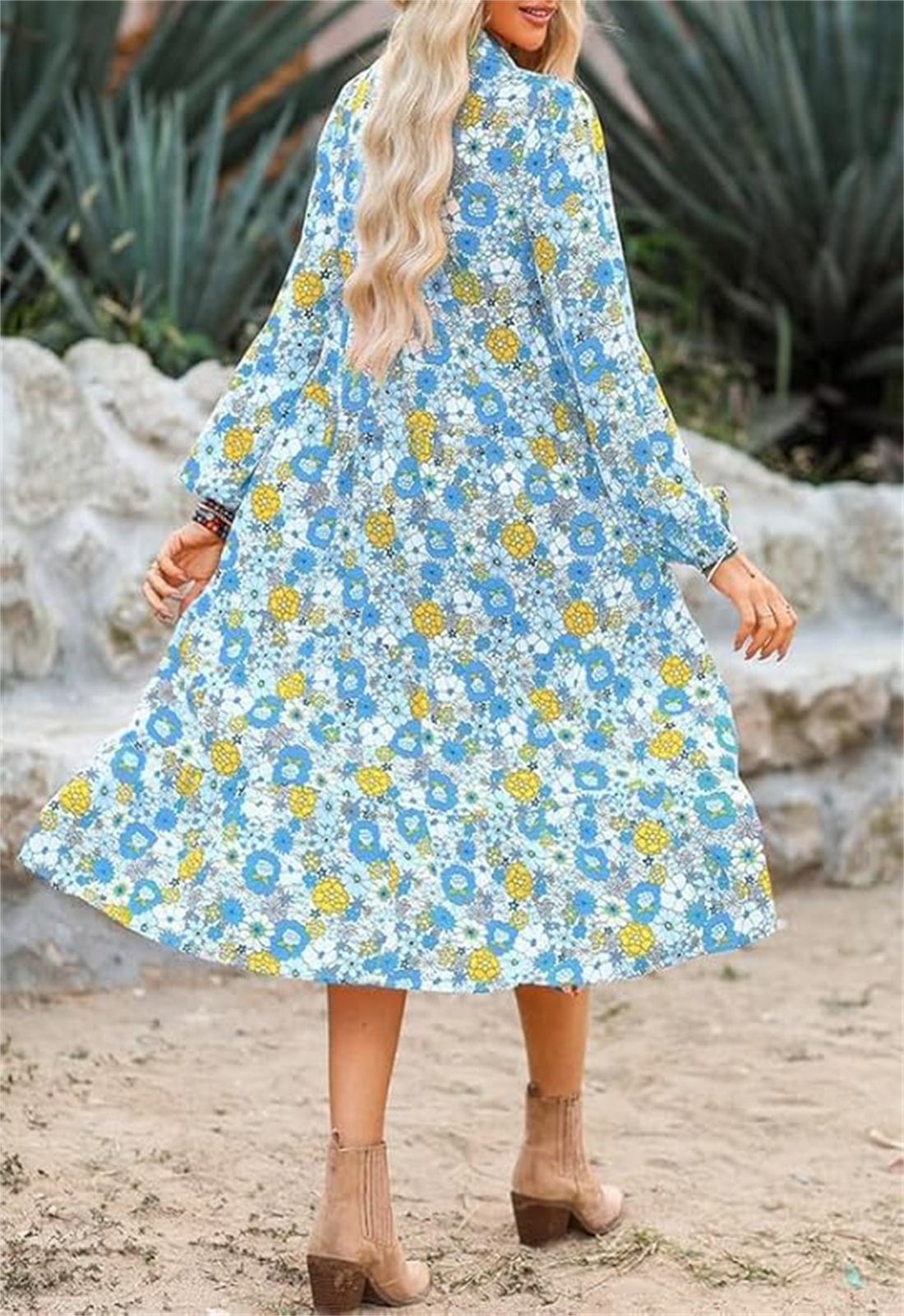 Women's Casual Loose Puff Sleeve V Neck Bohemian Floral Dress