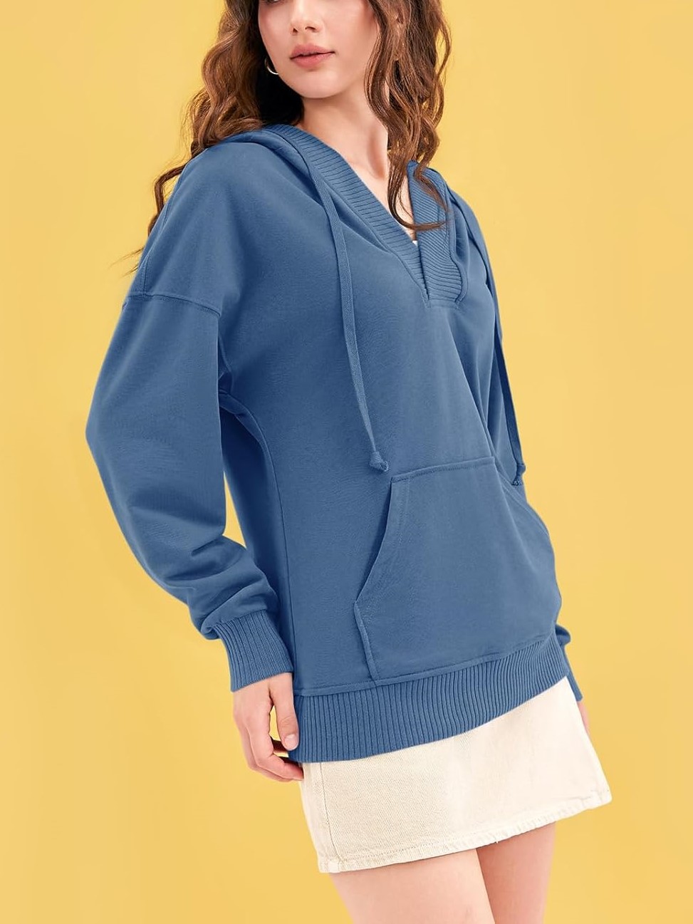 Women‘’s Casual Oversized V Neck Drawsting Hooded Sweatshirts