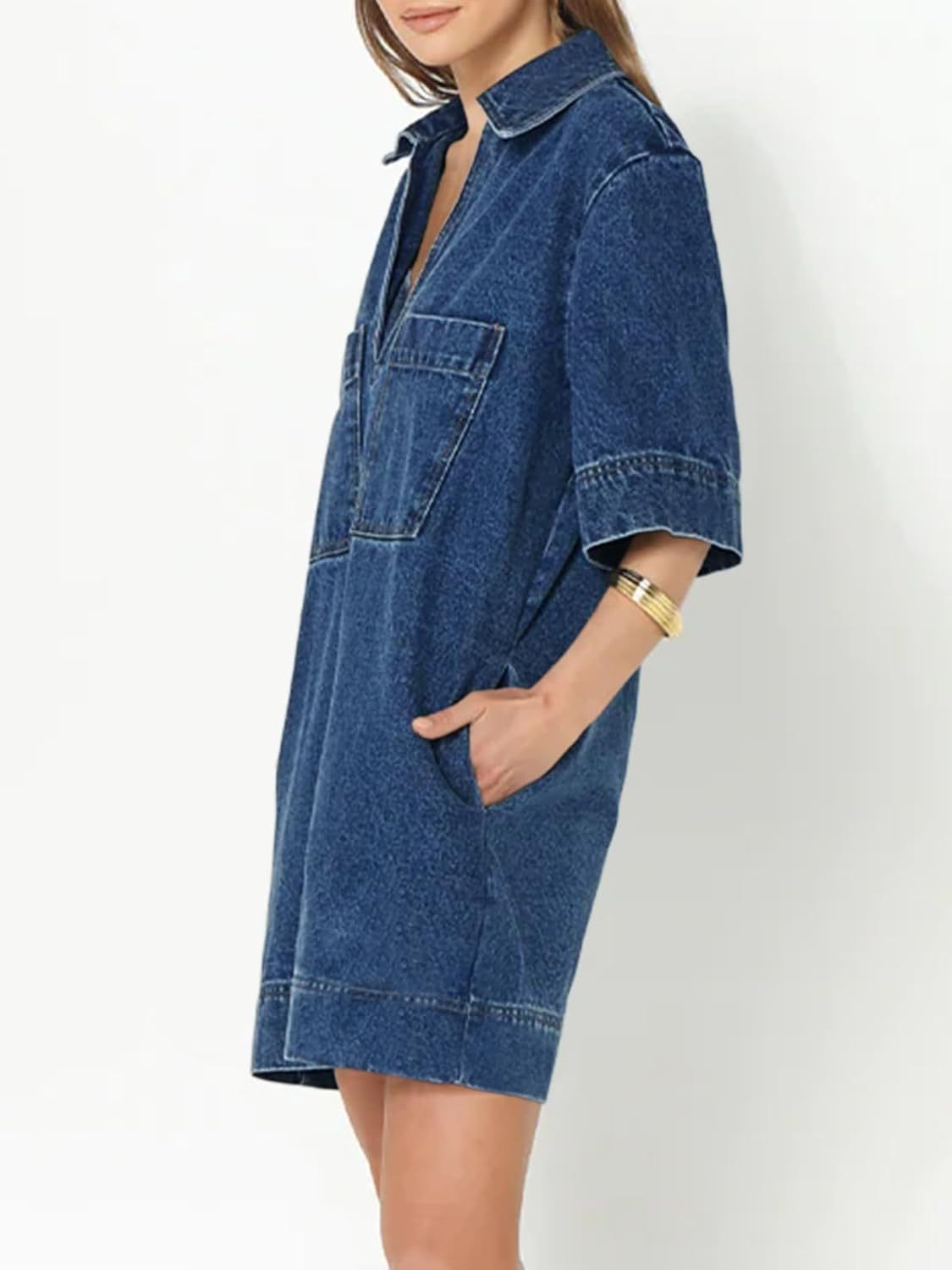 HOT SALE Deep V Neck Half Sleeve Straight Denim Dress with Pockets