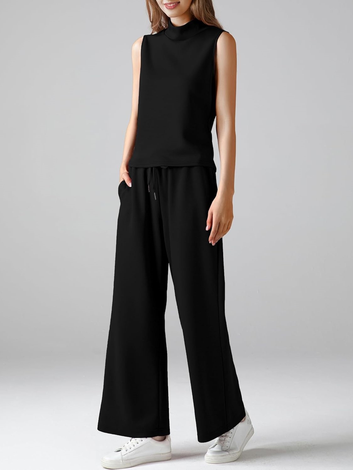 Women's Mock Neck Sleeveless Tank Top & Wide Leg Pants 2 Piece Lounge Sets