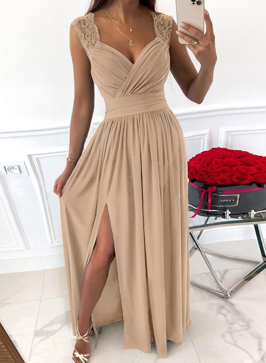 Women's Wrap V-Neck Lace Strap Ruched Sexy Maxi Dress