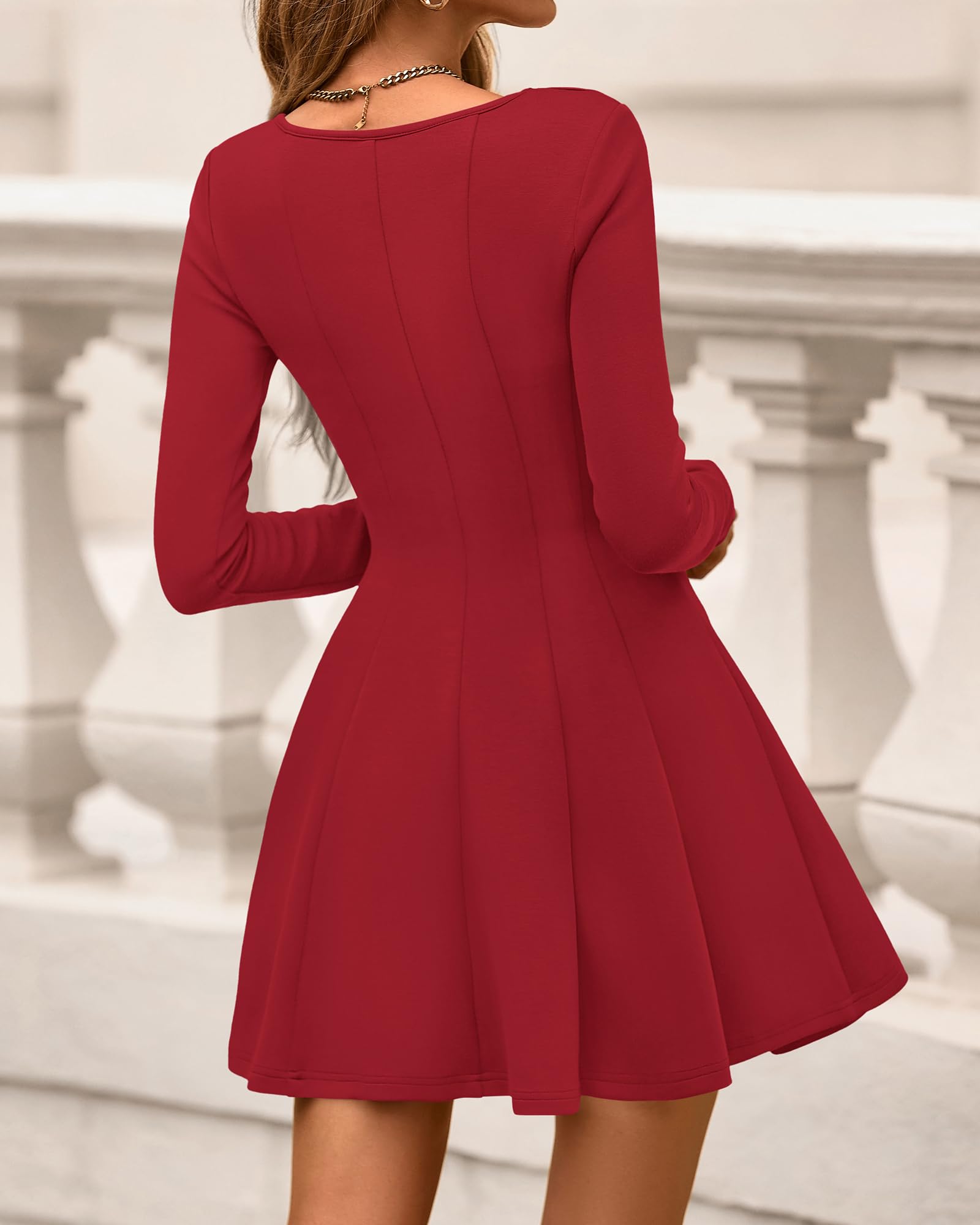 Women's Square Neck Long Sleeve Pleated Mini Dress