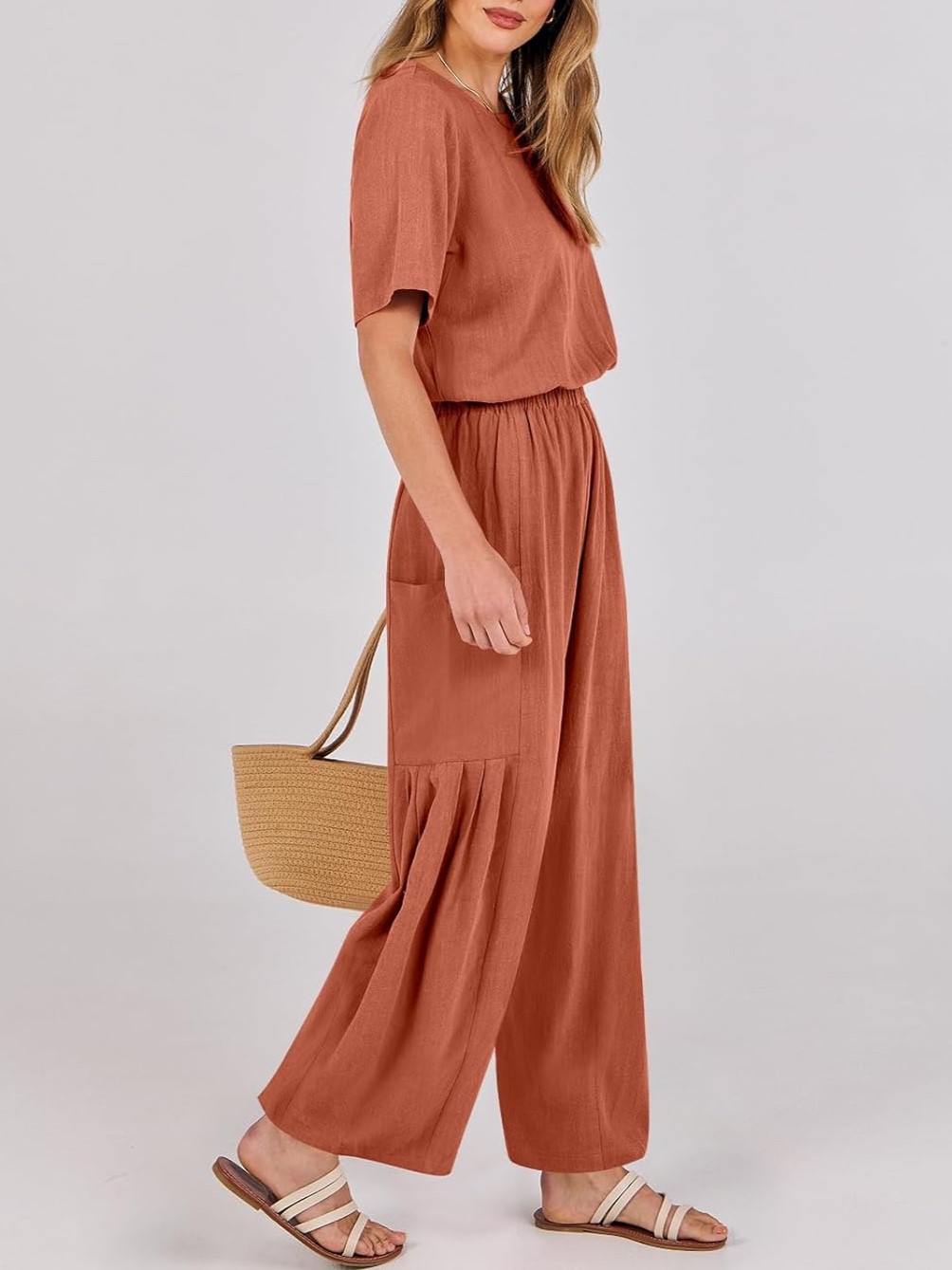 Short Sleeve Wide Leg Pants Linen Romper With Pockets