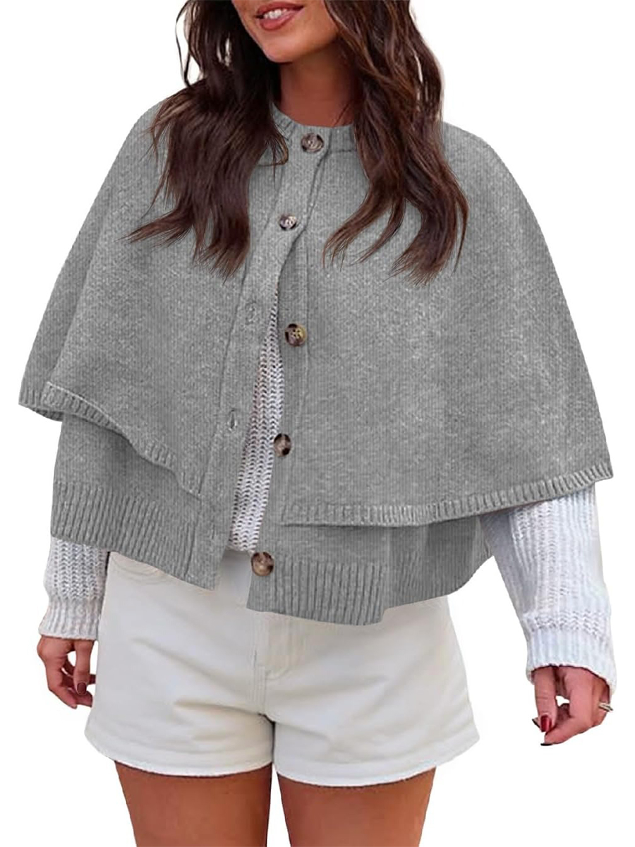 Women's Button Up Crew Neck Knit Knit Cape Cardigan Sweater