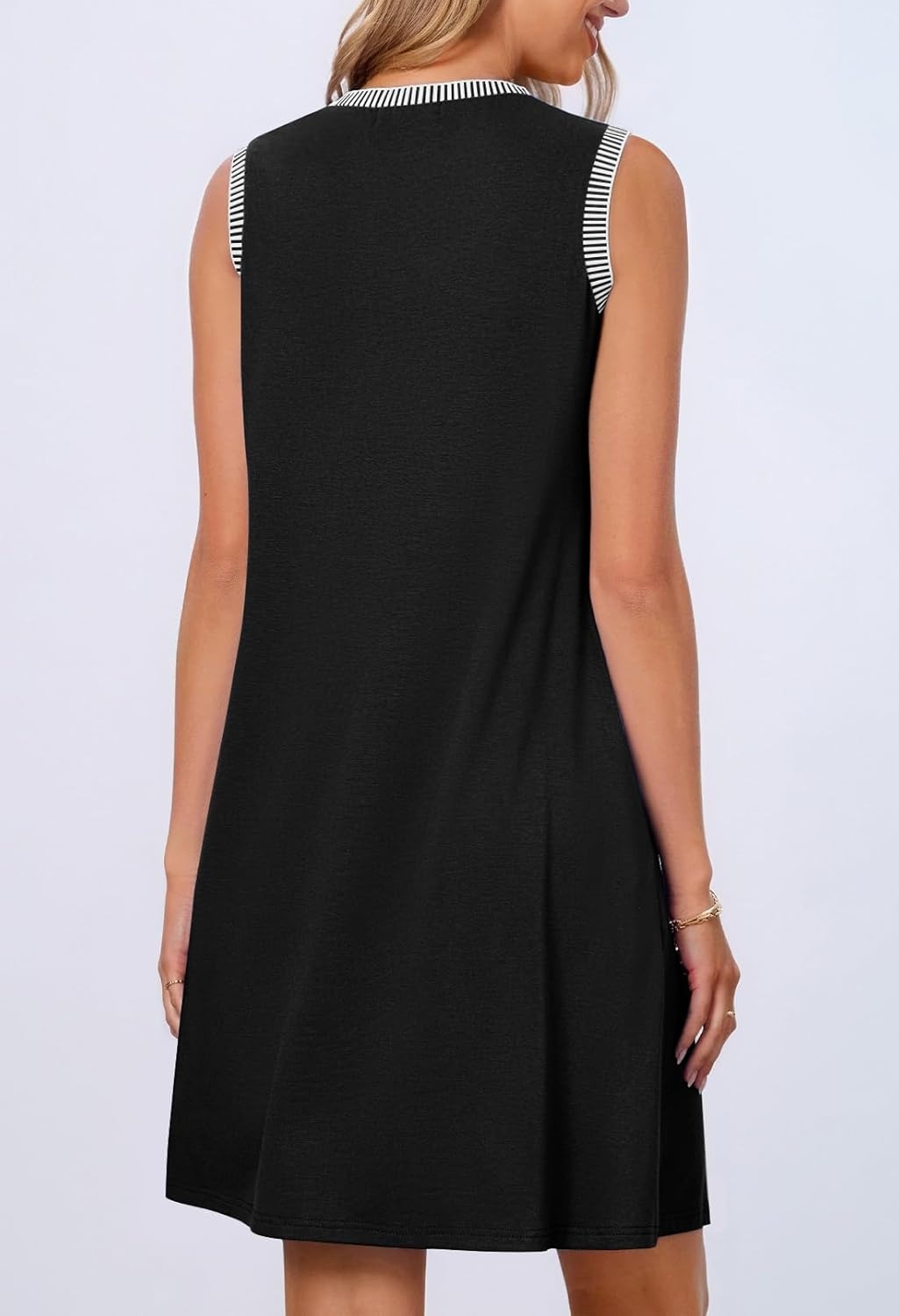 Women's Casual Crewneck Striped Trim Sleeveless Tank Mini Dress