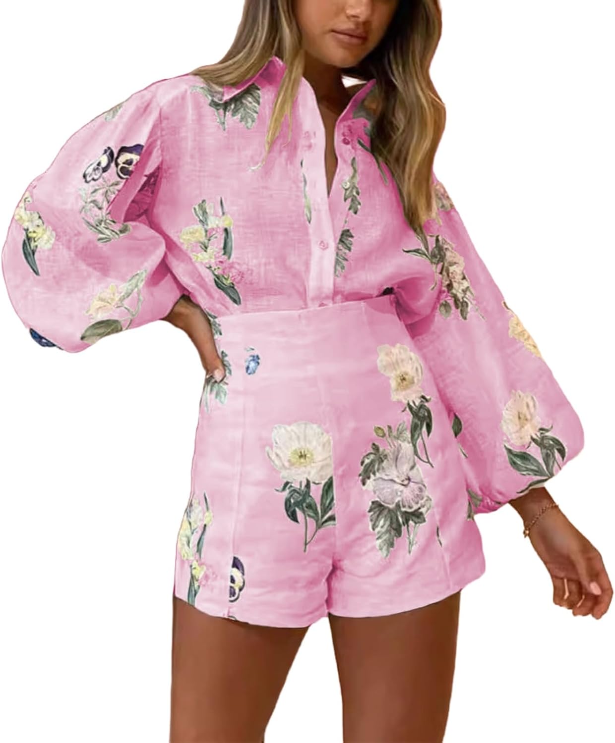 Womens Hawaiian Long Sleeve Button Down Shirt and Shorts Tracksuit Lounge Set
