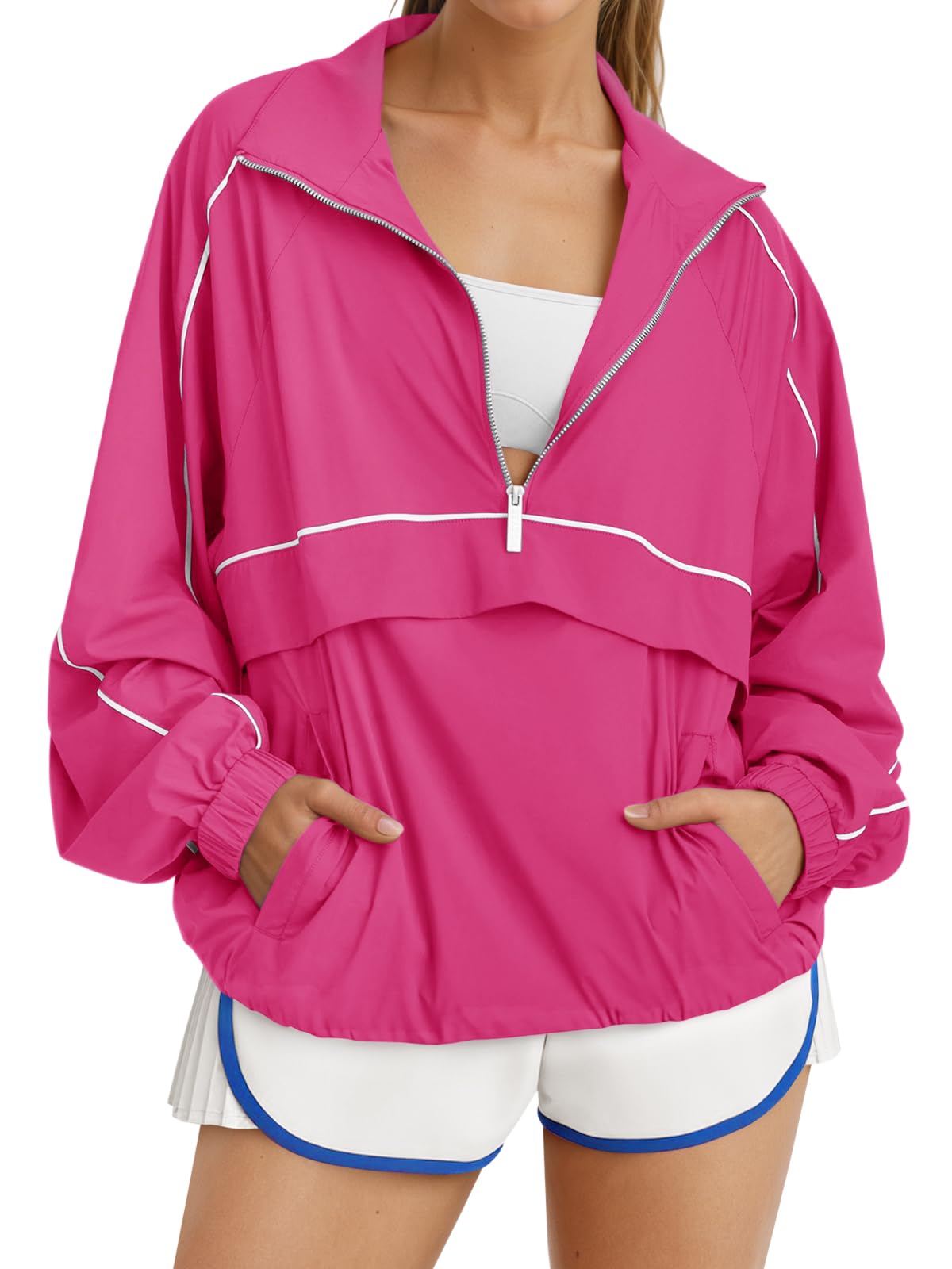 Women's Color Block Quarter Zip Pullover Lightweight Windbreaker Jacket