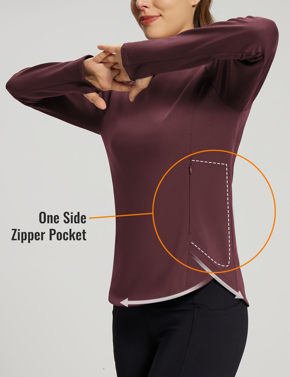 Women's Fleece Lined Long Sleeve Sports Tops with Thumbholes and Zipper Pocket