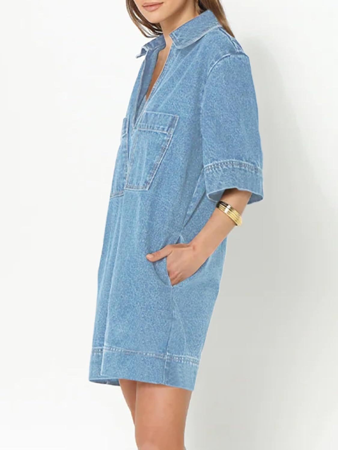 HOT SALE Deep V Neck Half Sleeve Straight Denim Dress with Pockets