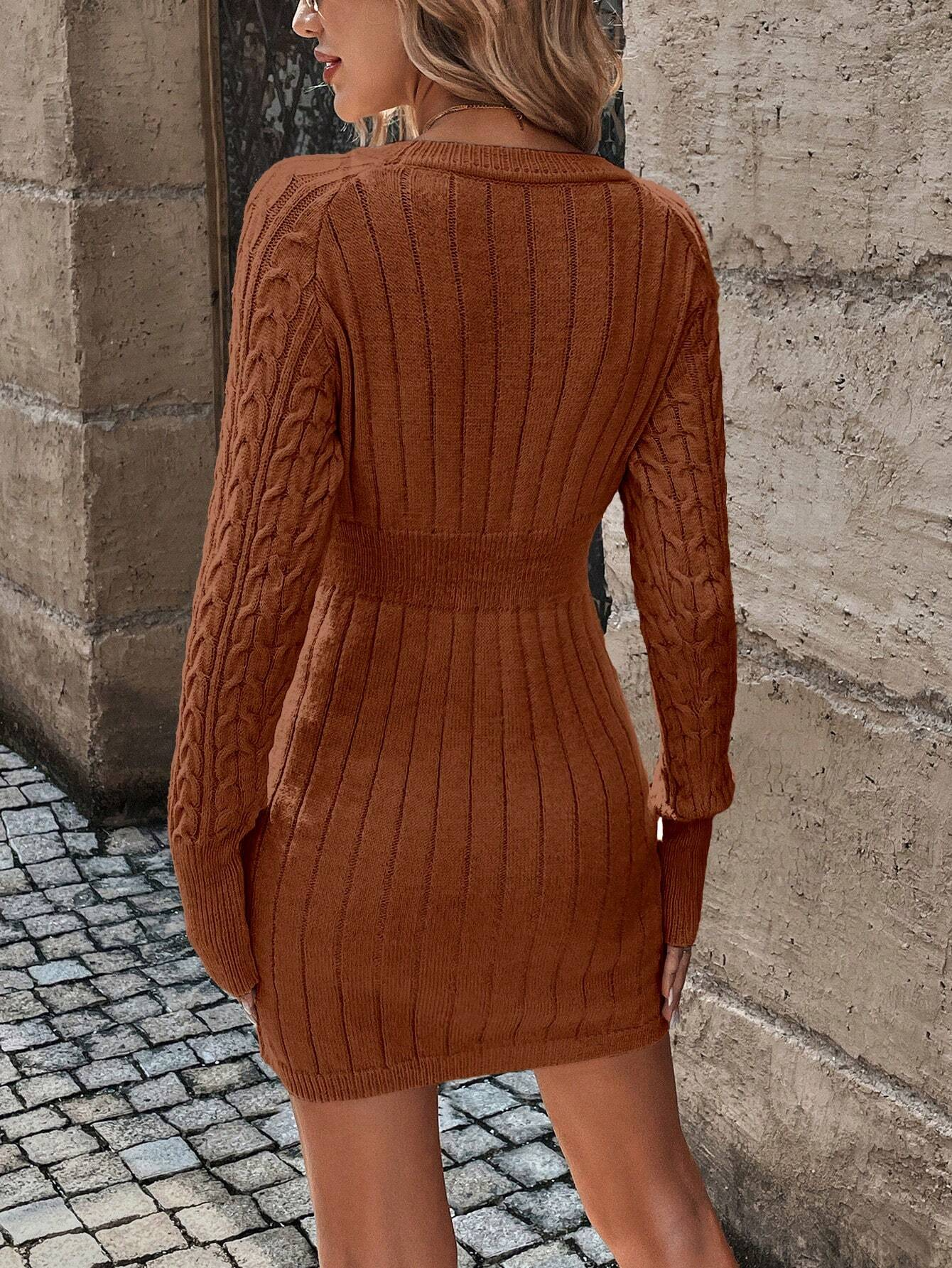 Women's Cable Long Sleeve Knit Sweater Dress 
