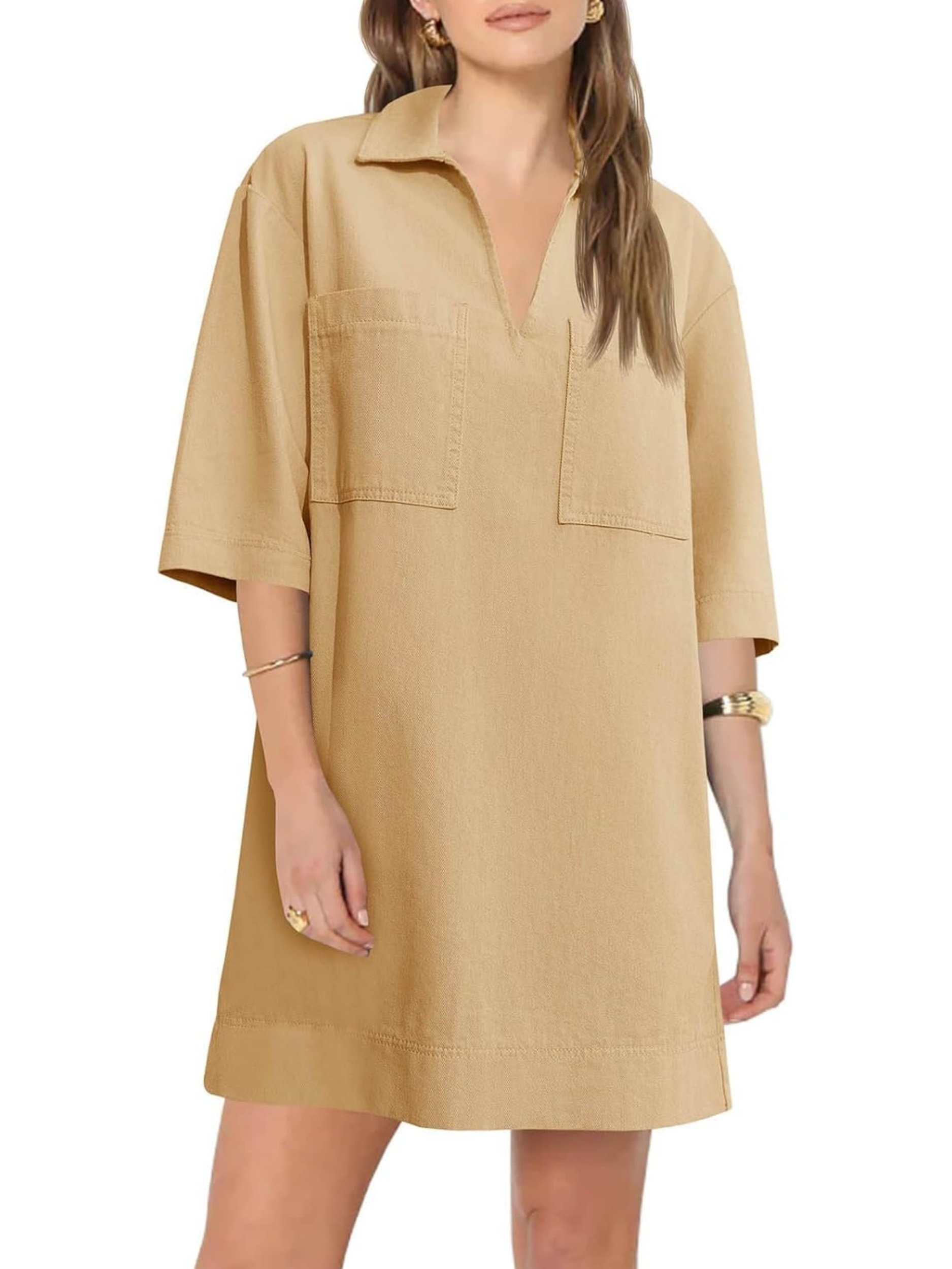 HOT SALE Deep V Neck Half Sleeve Straight Denim Dress with Pockets